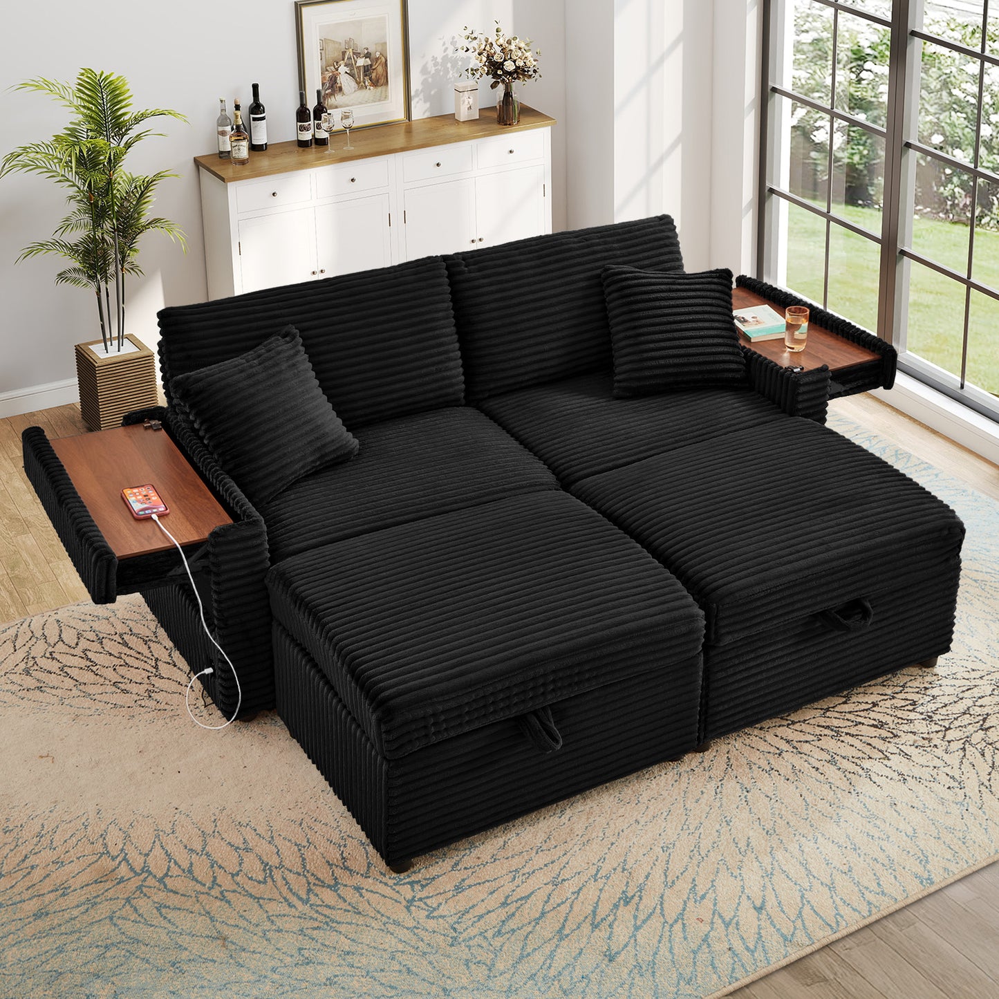 Muumblus Modular Sectional Sofa with 2 Storage Ottomans, 2 Side Tables & USB, Cozy Double Chaise Lounge Cloud Sofa, Plush Corduroy Sleeper Bed Couch for Living Room, White