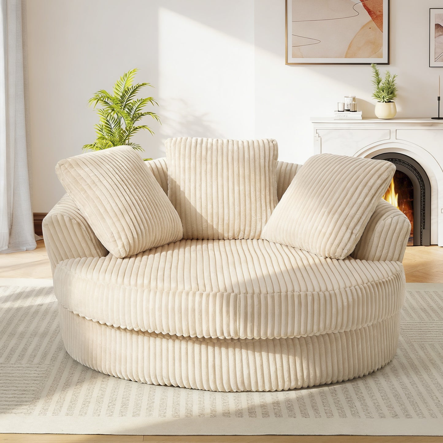 Muumblus 61" Oversized Round Boneless Lounge Chaise Chair Indoor, Corduroy Deep Seat Cloud Couch Sleeper Sofa Bed with 3 Pillows, No Assembly Barrel Chair for Living Room, Beige