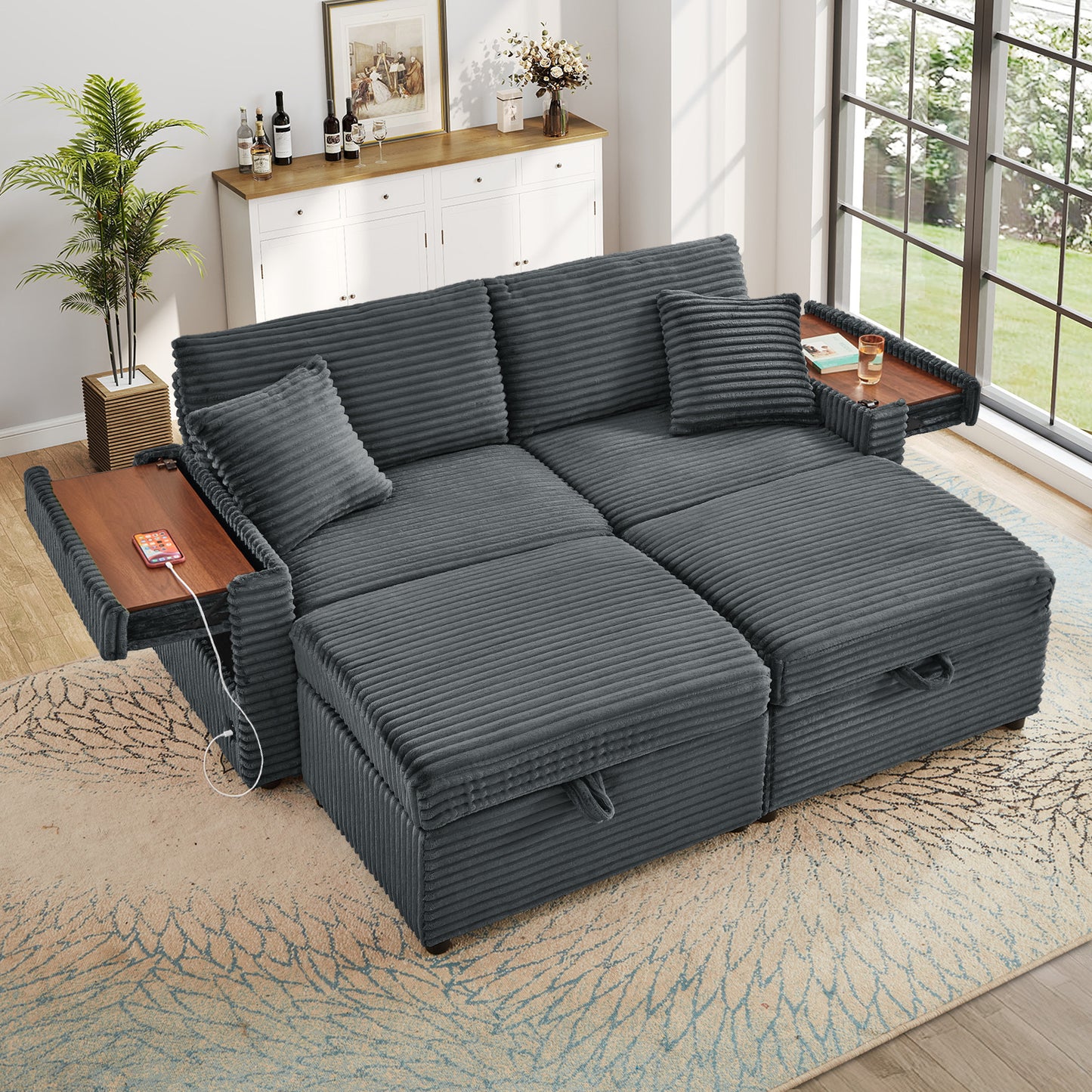 Muumblus Modular Sectional Sofa with 2 Storage Ottomans, 2 Side Tables & USB, Cozy Double Chaise Lounge Cloud Sofa, Plush Corduroy Sleeper Bed Couch for Living Room, White