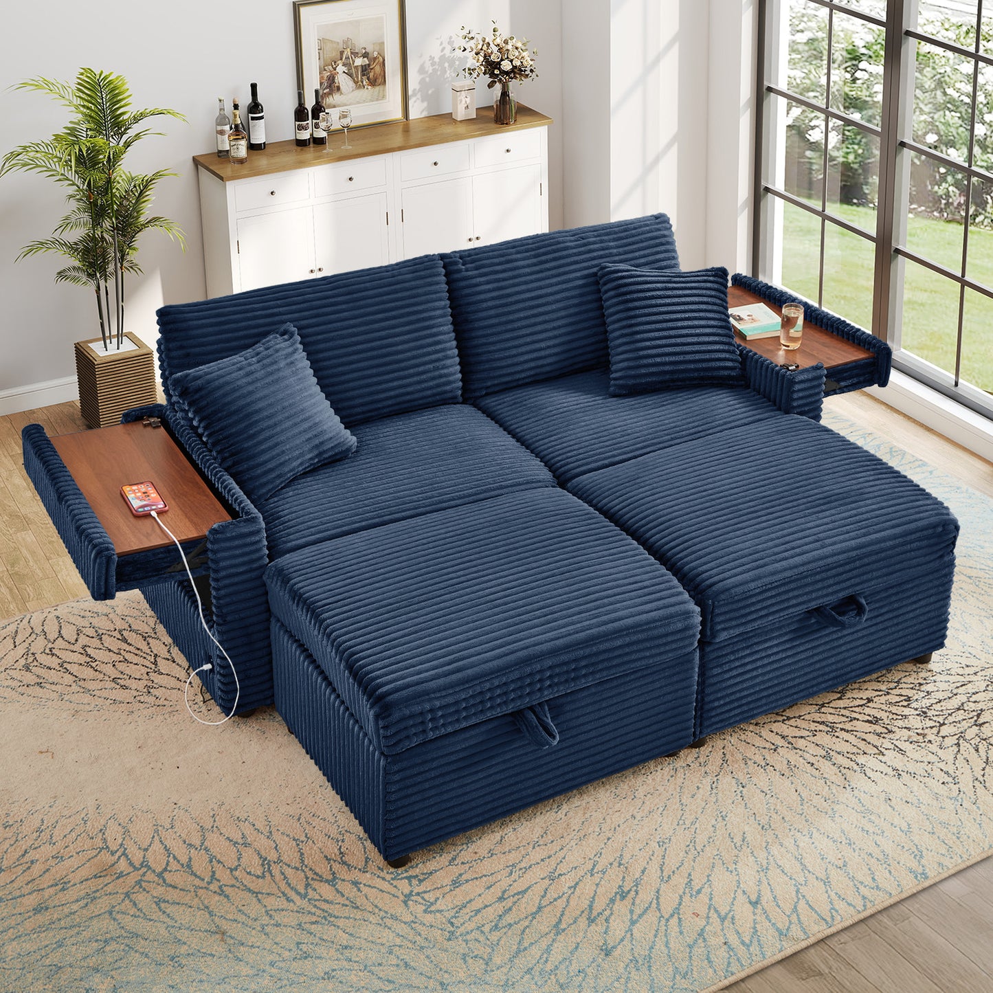 Muumblus Modular Sectional Sofa with 2 Storage Ottomans, 2 Side Tables & USB, Cozy Double Chaise Lounge Cloud Sofa, Plush Corduroy Sleeper Bed Couch for Living Room, White