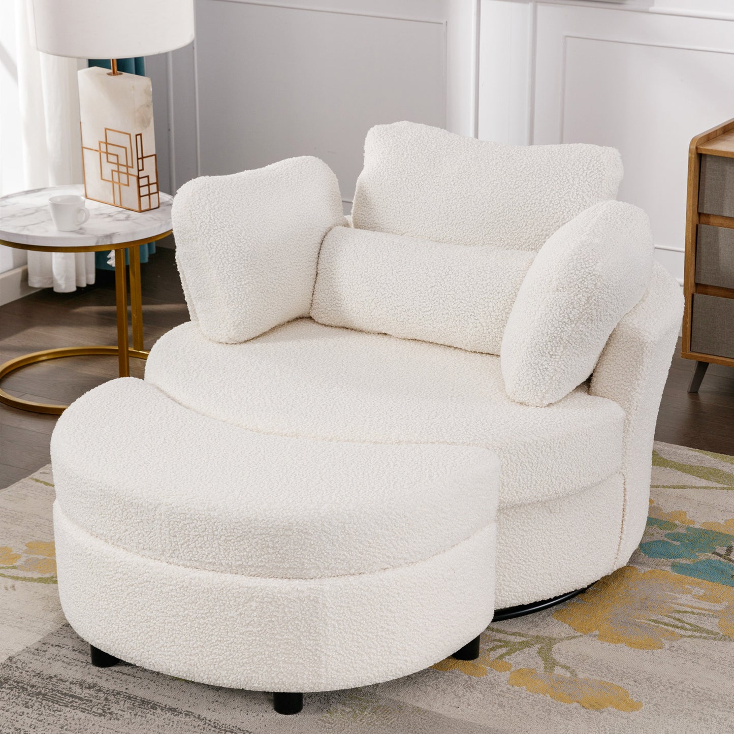 Muumblus Oversized Swivel Accent Barrel Chair with Storage Ottoman, Comfy Round Read Armchair for Living Room, Ivory