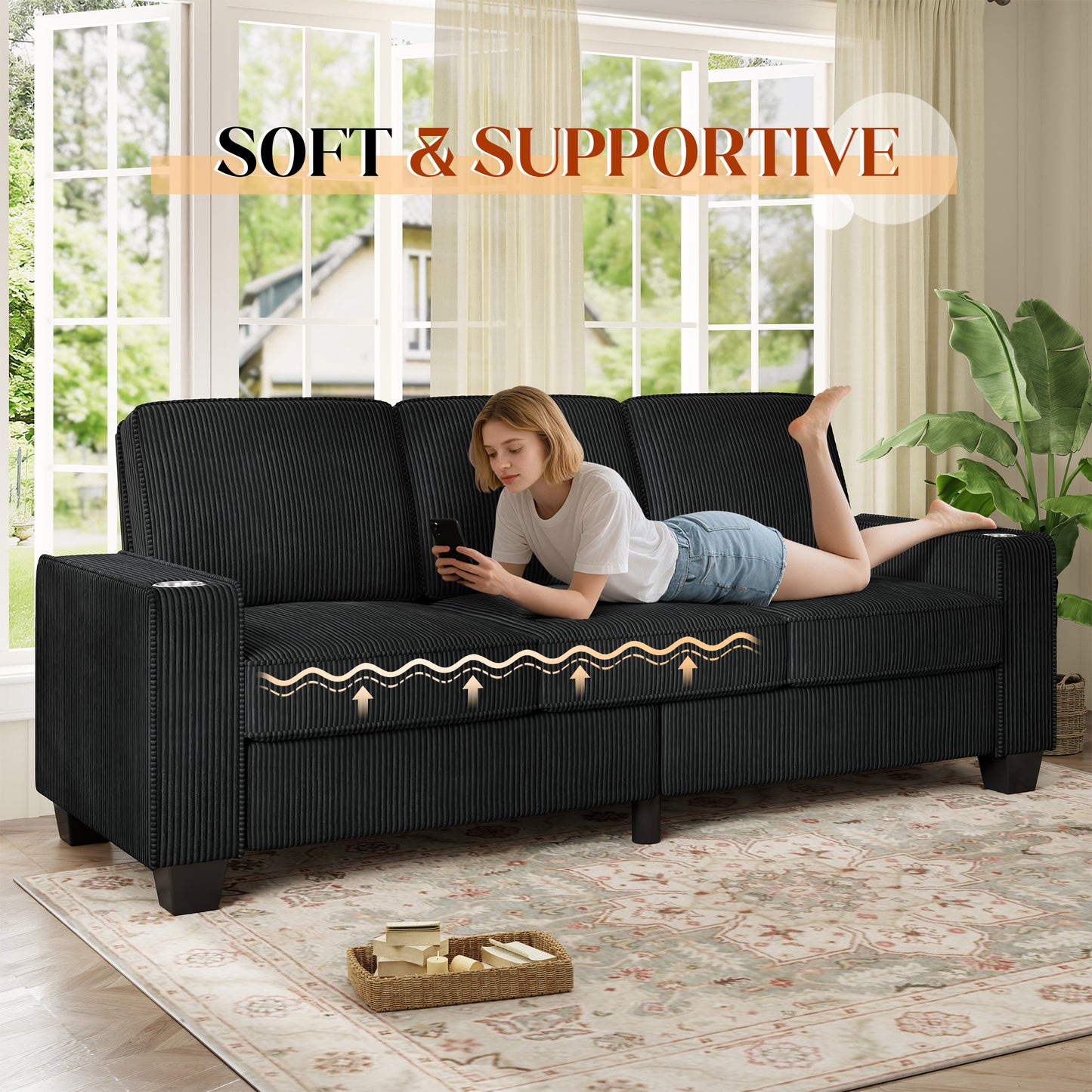 Muumblus 83.5" Living Room Sofa with Cup Holders, Cozy Plush Upholstered Couch, Corduroy Sofa 3-Seater, Black
