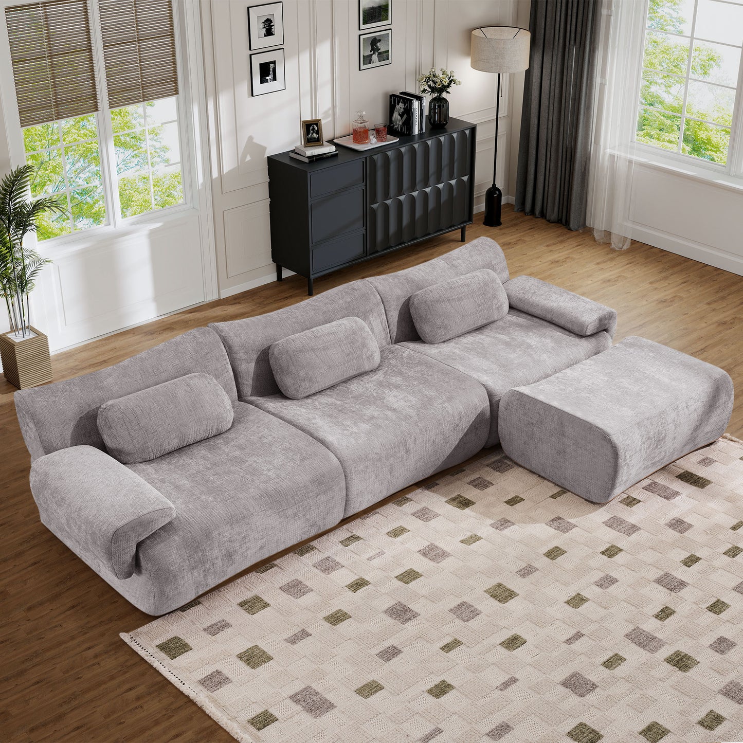 Muumblus Modular Sectional Sofa with Movable Ottoman, Oversized L-Shaped Cloud Sofa with Chaise, Boneless Deep Seat Living Room Couch, Black Chenille
