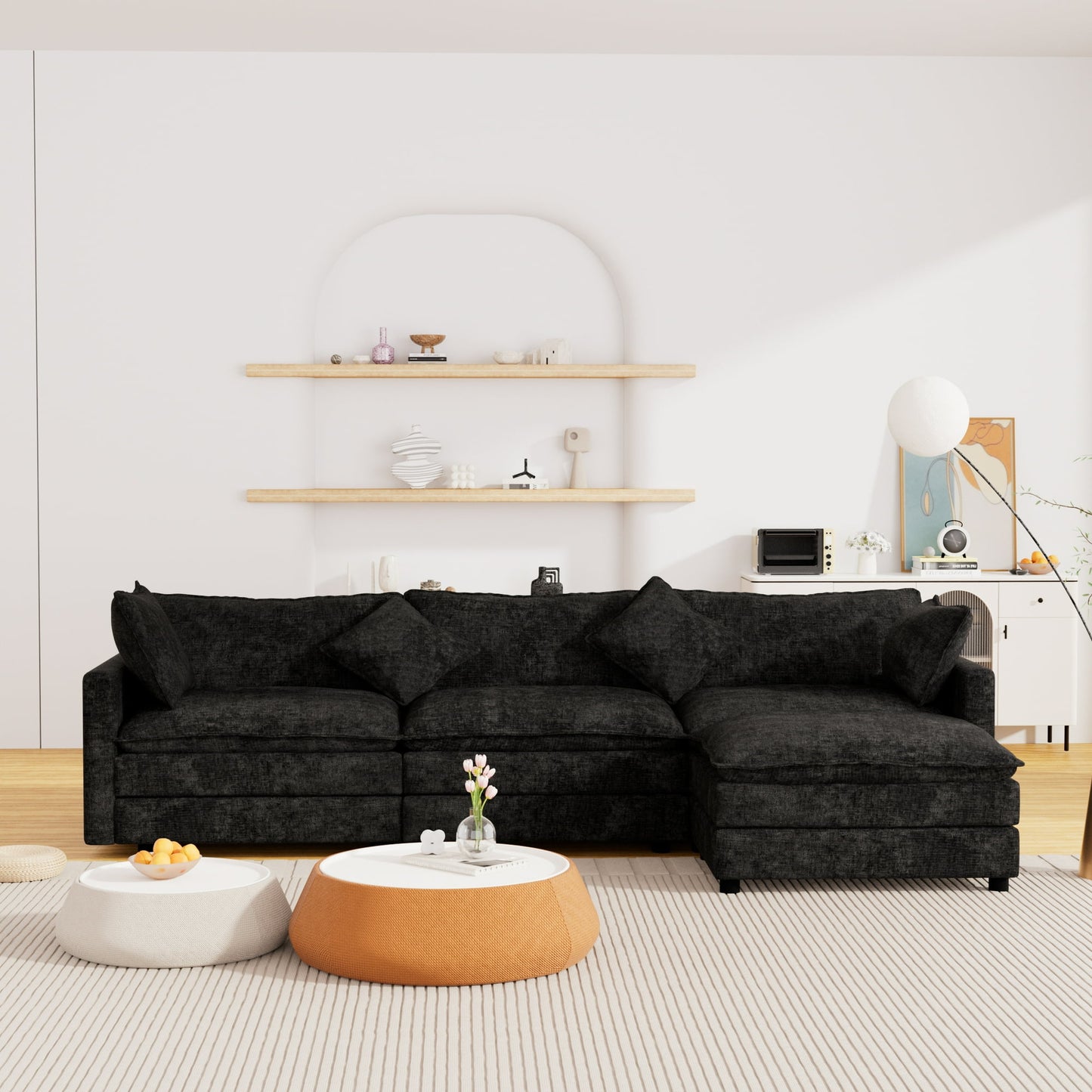 Muumblus Sectional Sofa Cloud Couch with Reversible Ottoman, L-Shaped Chenille Sofa for Living Rooms, Beige