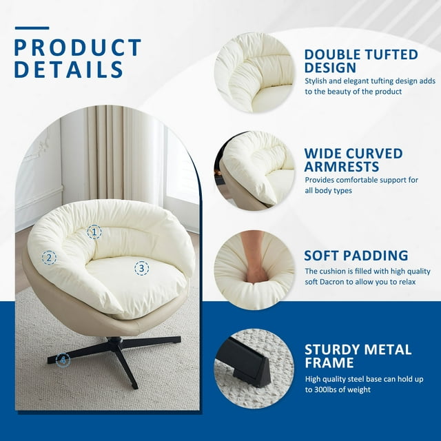 Muumblus Swivel Accent Chair, Leather Barrel Chair for Bedroom, Mid Century Modern Living Room Swivel Chair, Comfy Reading Armchair, ( White and Camel)