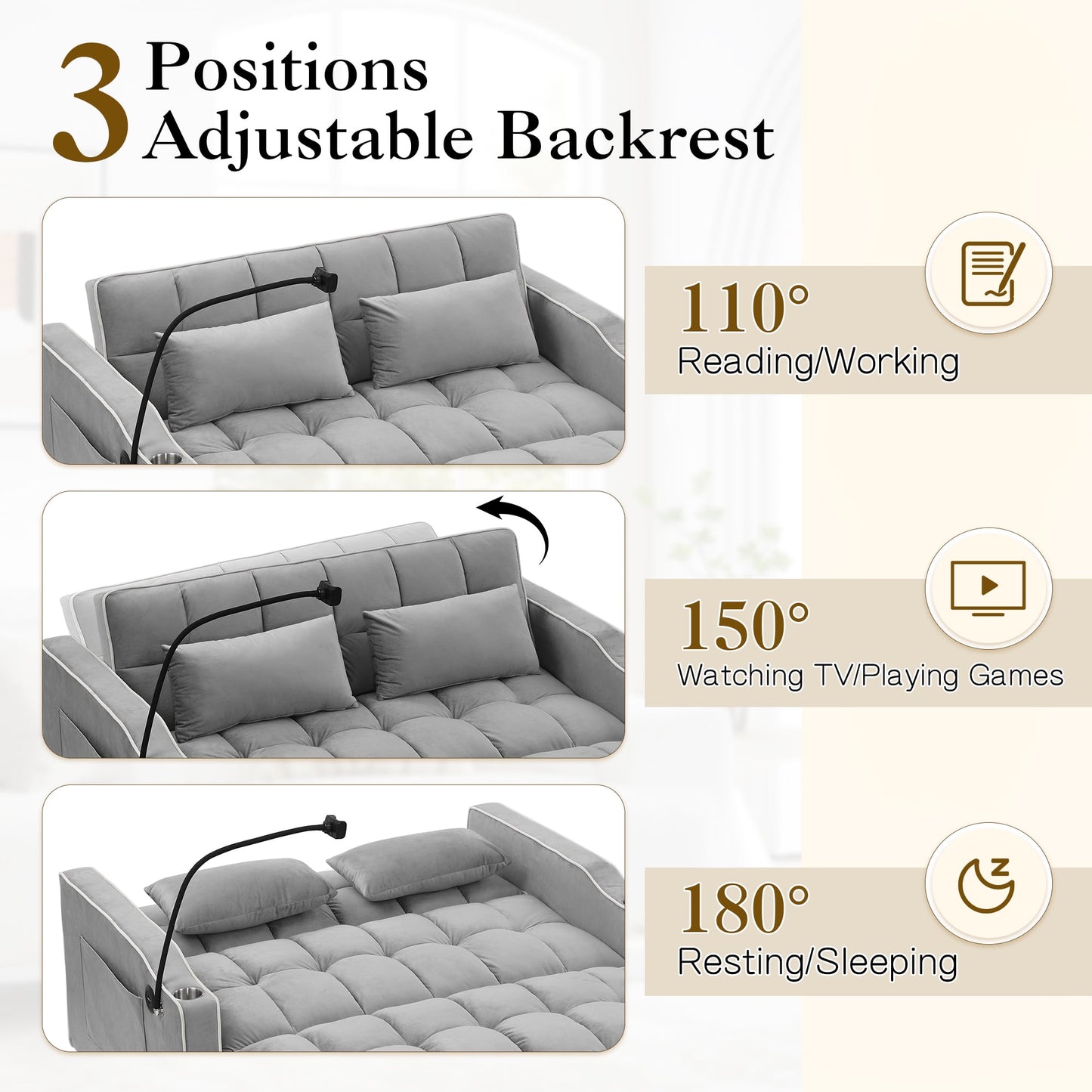 Muumblus 3-in-1 Convertible Futon Sofa Bed, Loveseat Sleeper with Phone Stand, USB, Gray Velvet