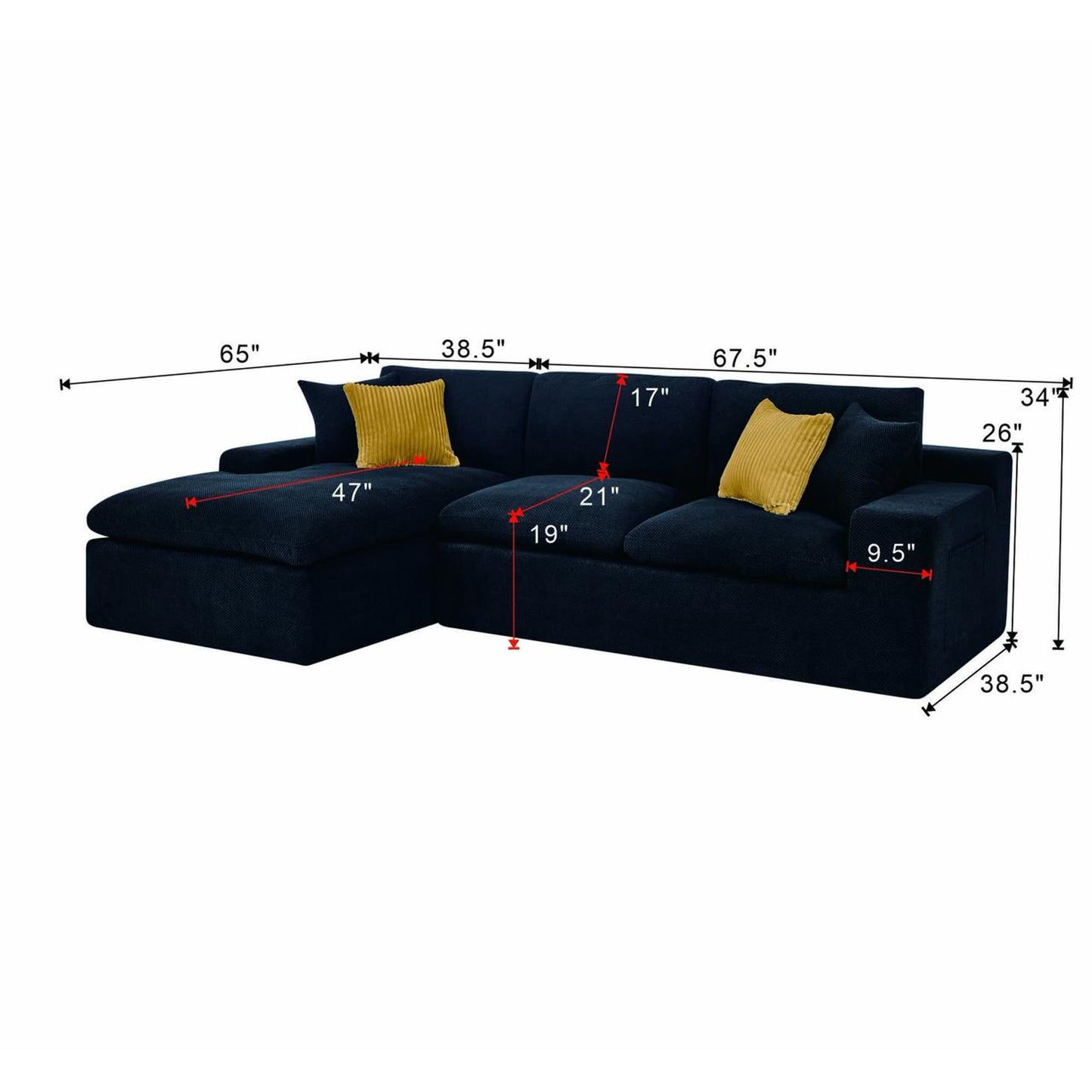 Muumblus 106" Oversized Modular Sectional Sofa with Movable Chaise, L-Shaped Boneless Cloud Couch for Living Room, Black (Left Facing Chaise)