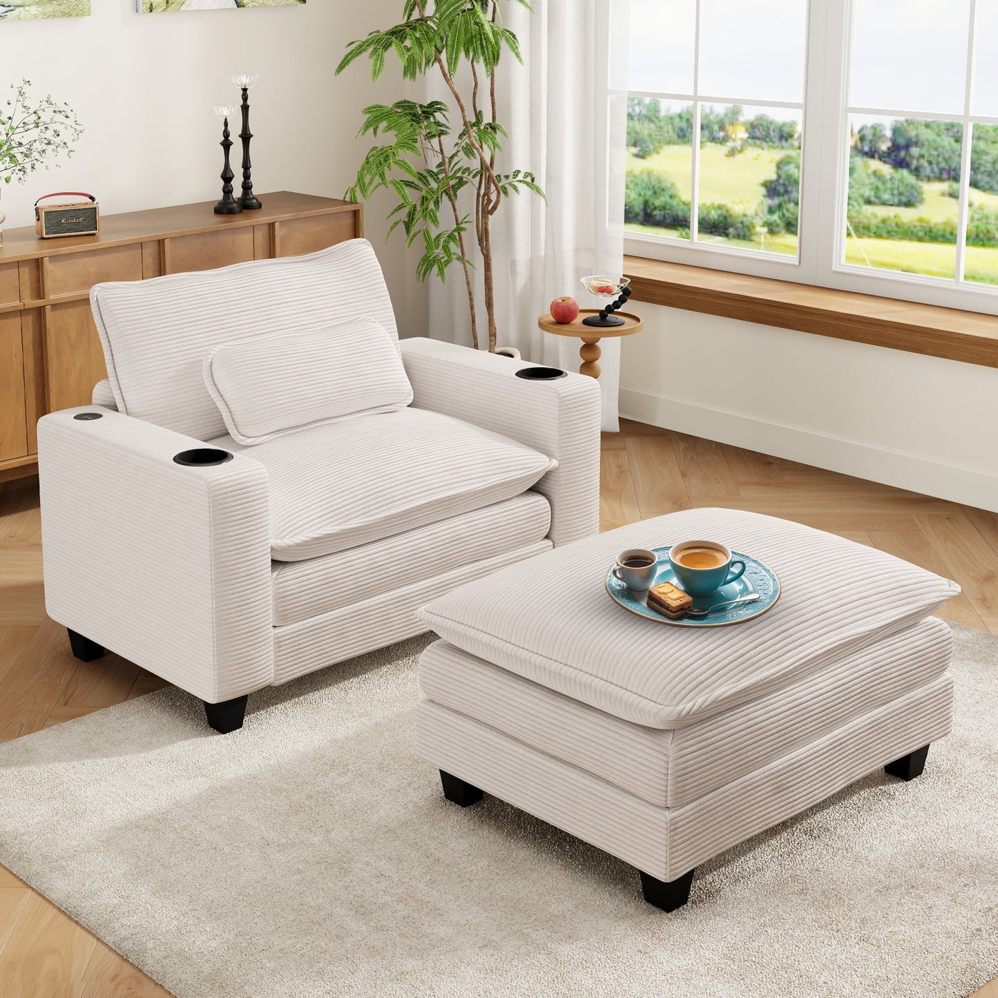 Muumblus 41.7" Oversized Lounge Accent Chair with Ottoman, Indoor Comfy Corduroy Armchair with USB, Beige