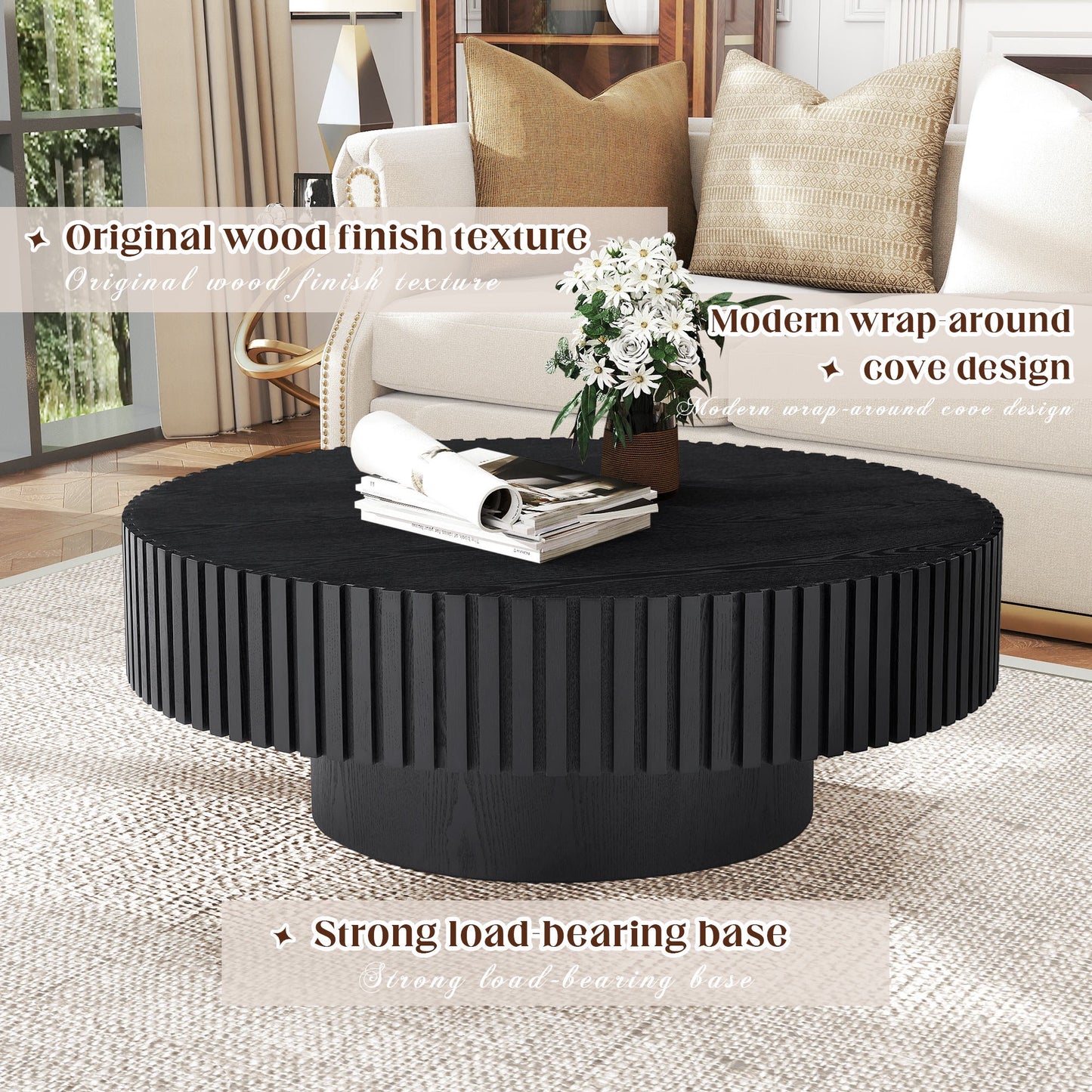 Muumblus Round Wood Coffee Table, Modern Unique Fluted Accent Center Table for Living Room, Black
