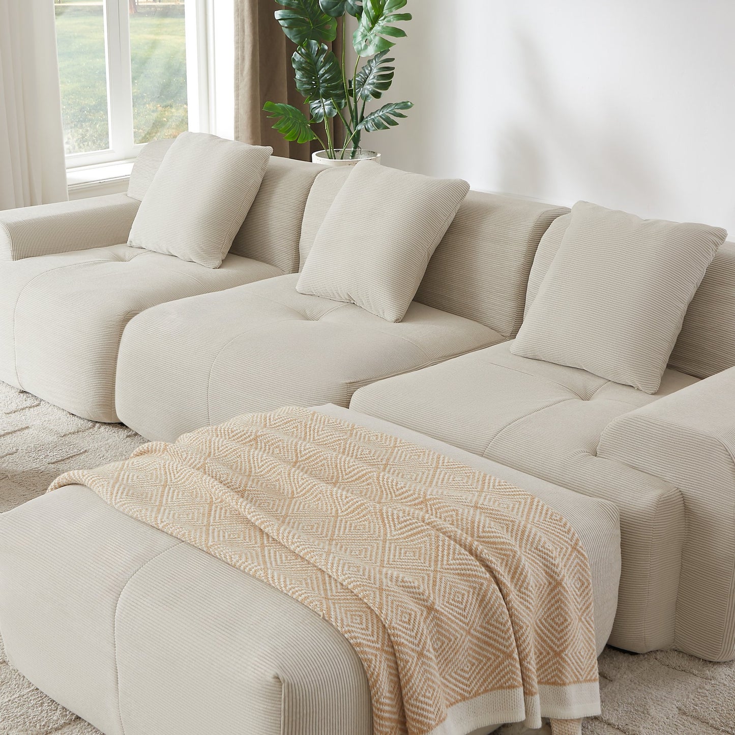 Muumblus 113" L-Shaped Modular Sectional Sofa, Oversized Corduroy Cloud Couch for Living Room, Beige