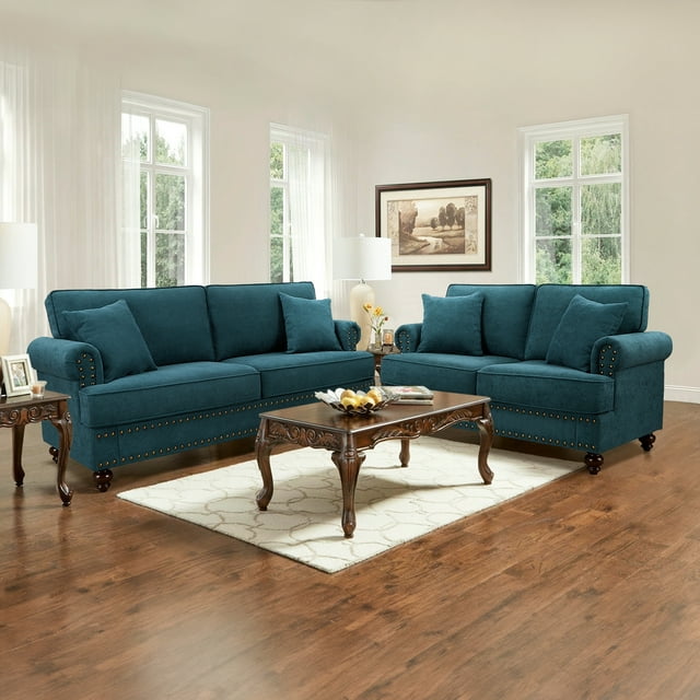 Muumblus Mid-Century Upholstered Sofa Couch, 3 Seater Sofa with Nailhead, 82" Chenille Living Room Sofa, Lake Green