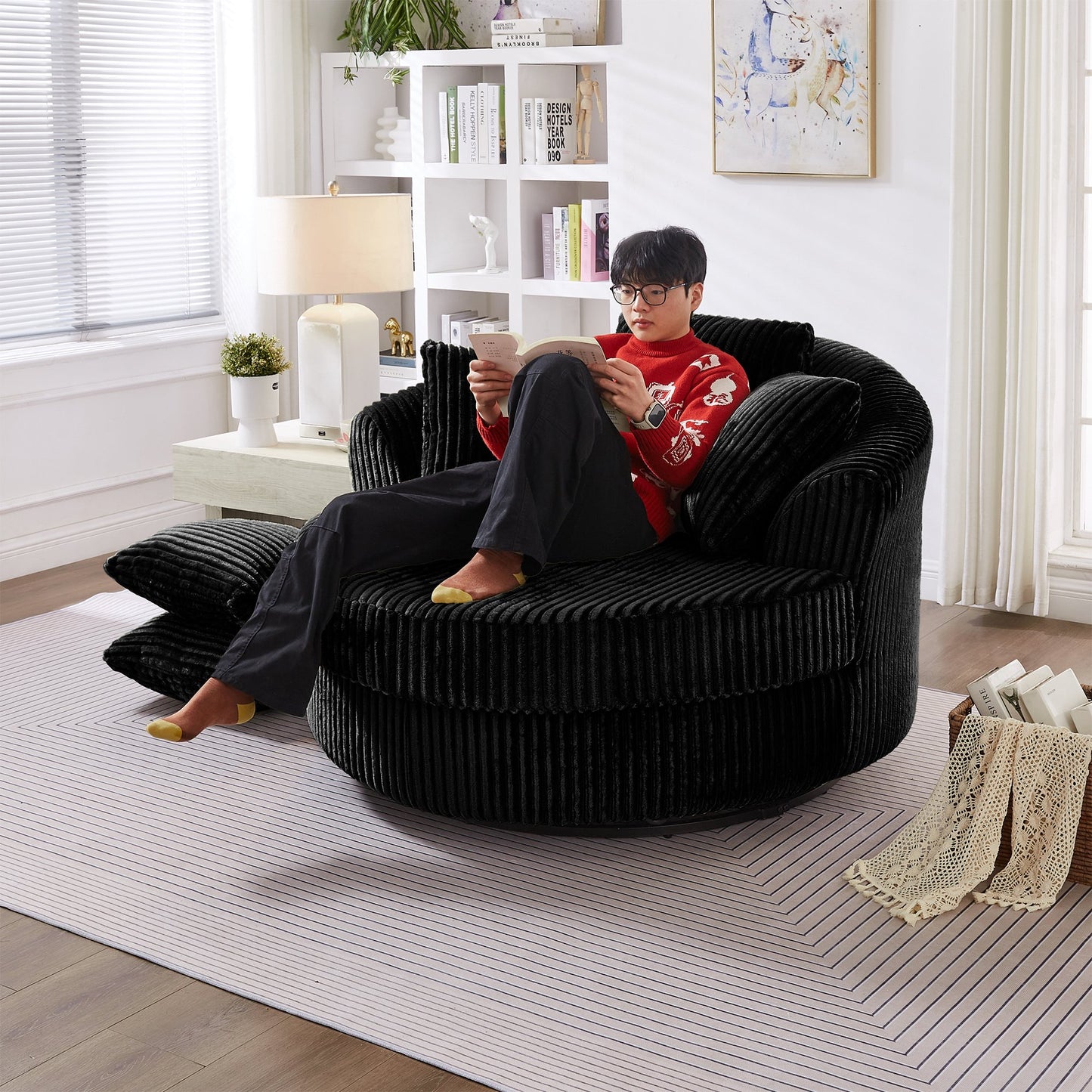 Muumblus 50" Oversized Swivel Accent Barrel Chair, Modern Lounge Chair Indoor, Round Reading Armchair for Living Room, Black Corduroy