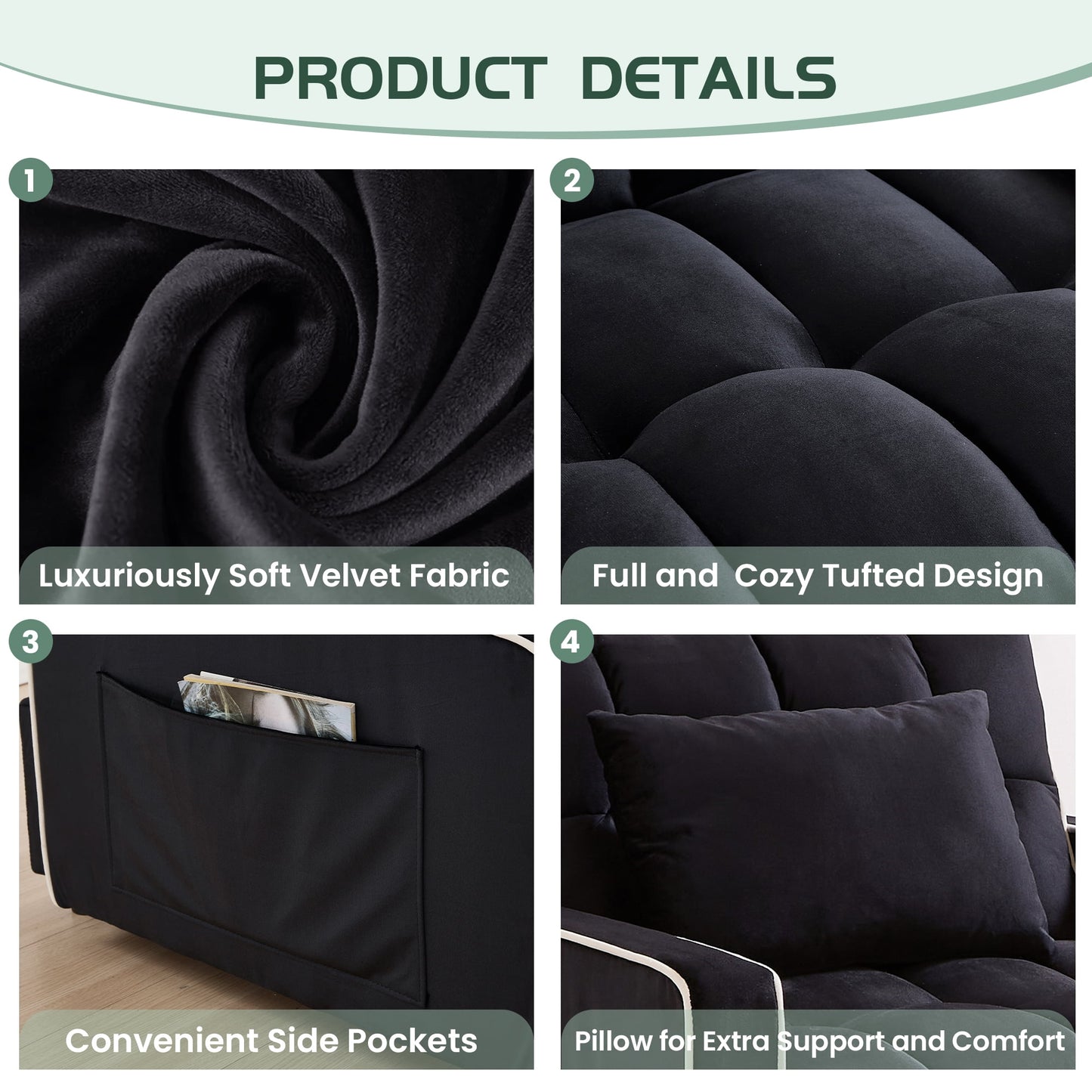 Muumblus 3-in-1 Convertible Chair Bed, Sleeper Chair Lounge Chair Indoor, Modern Single Pull Out Couch for Living Room, Black Velvet