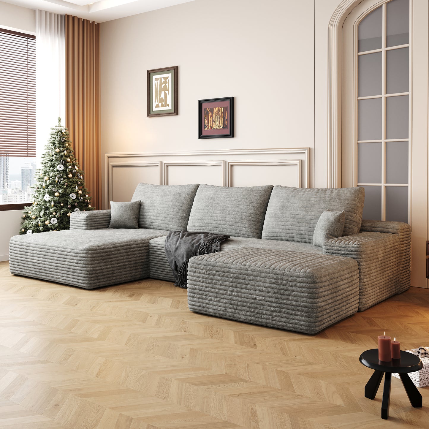 Muumblus 107" Cloud Sectional Sofa with Left Chaise, Cozy U-Shaped Modular Sofa with Ottoman, Plush Corduroy Sleeper Bed Couch, No Assembly Required, Black