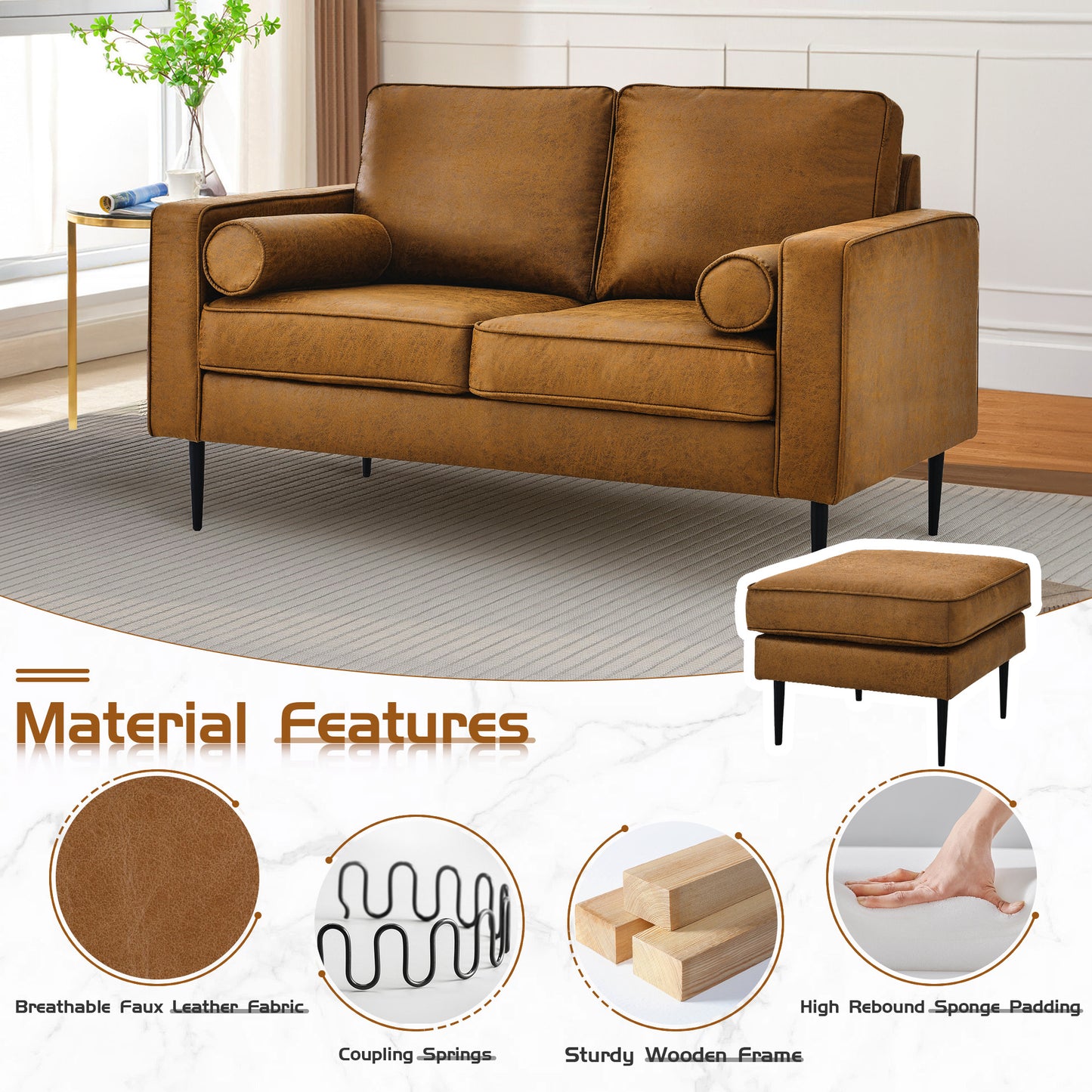 Muumblus Living Room Sectional Sofa with Chaise, L-Shaped Small Couch with Ottoman, Brown Faux Leather