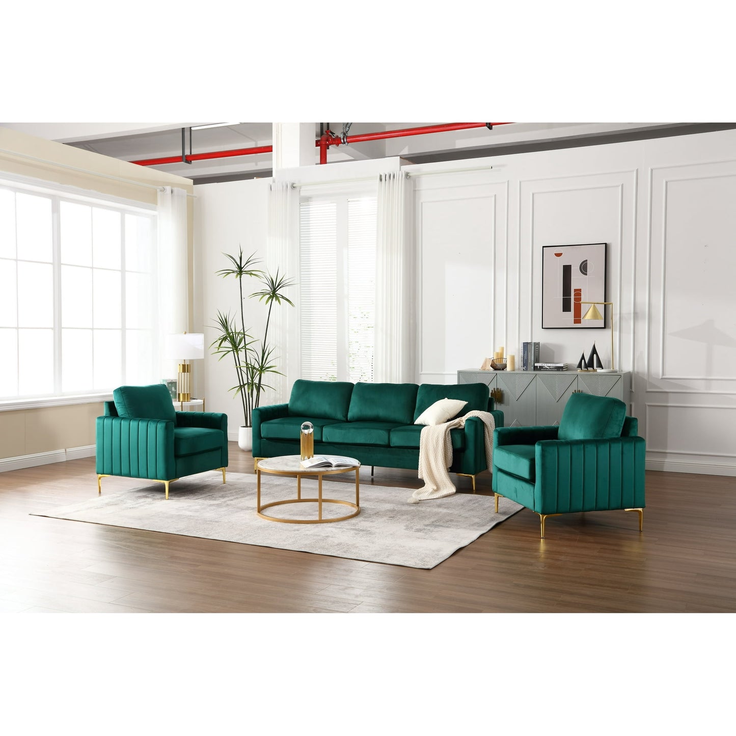 Muumblus 3 Pieces Velvet Living Room Furniture Sets, Modern 1 Seater Sofa Chair and 2 Seater Loveseat Sofa and 3 Seater Sofa Couch, Green