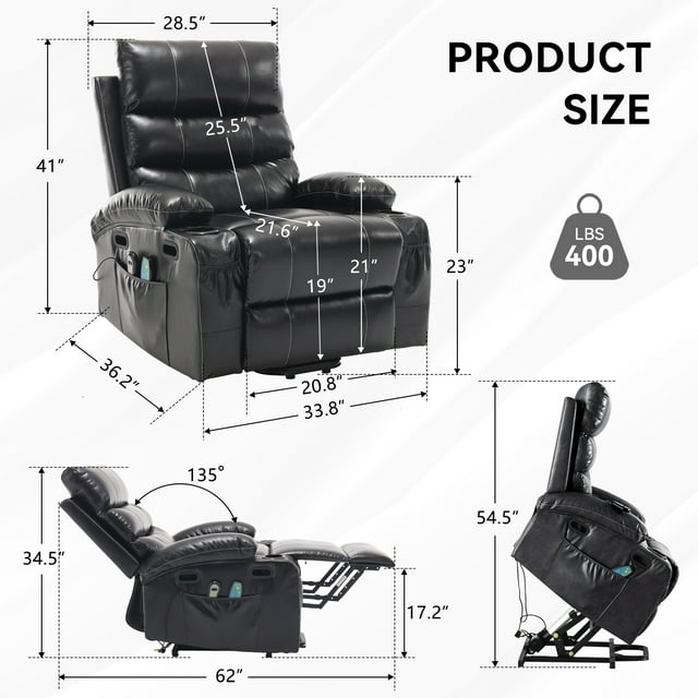 Muumblus Power Lift Recliner Chair, Lift Chair For Elderly, Power Recliner with Massage and Heat, Faux Leather Recliner Chair with Cup Holders, Power Lift Recliner for Living Room, Black