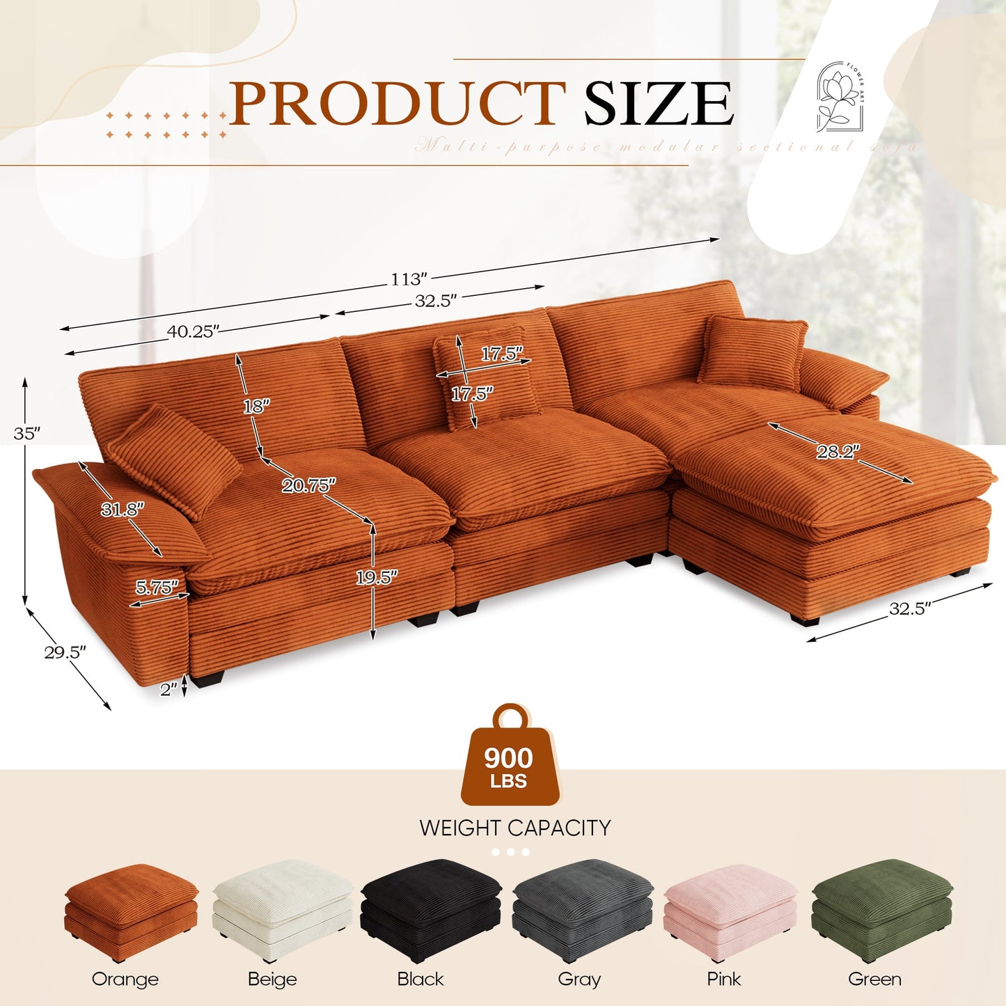 Muumblus Modular Sectional Cloud Couch with Ottoman, Oversized L-Shaped Corduroy Sofa for Living Room