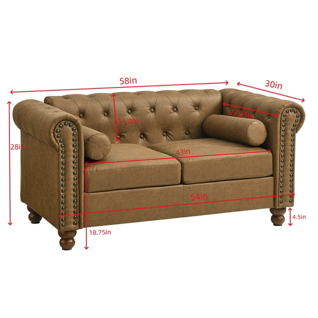 Muumblus 58" Loveseat Sofa for Living Room, Chesterfield Tufted Small Couch in Brown Faux Leather