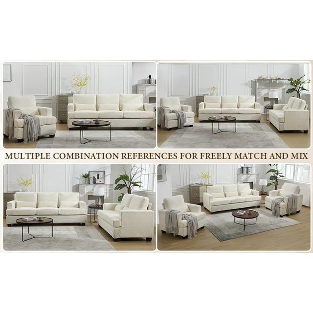 Muumblus Modern Single Sofa Chair, 37" Small Couch with 1 Waist Pillow, Removable Back Cushion, Living Room Set, White Fabric