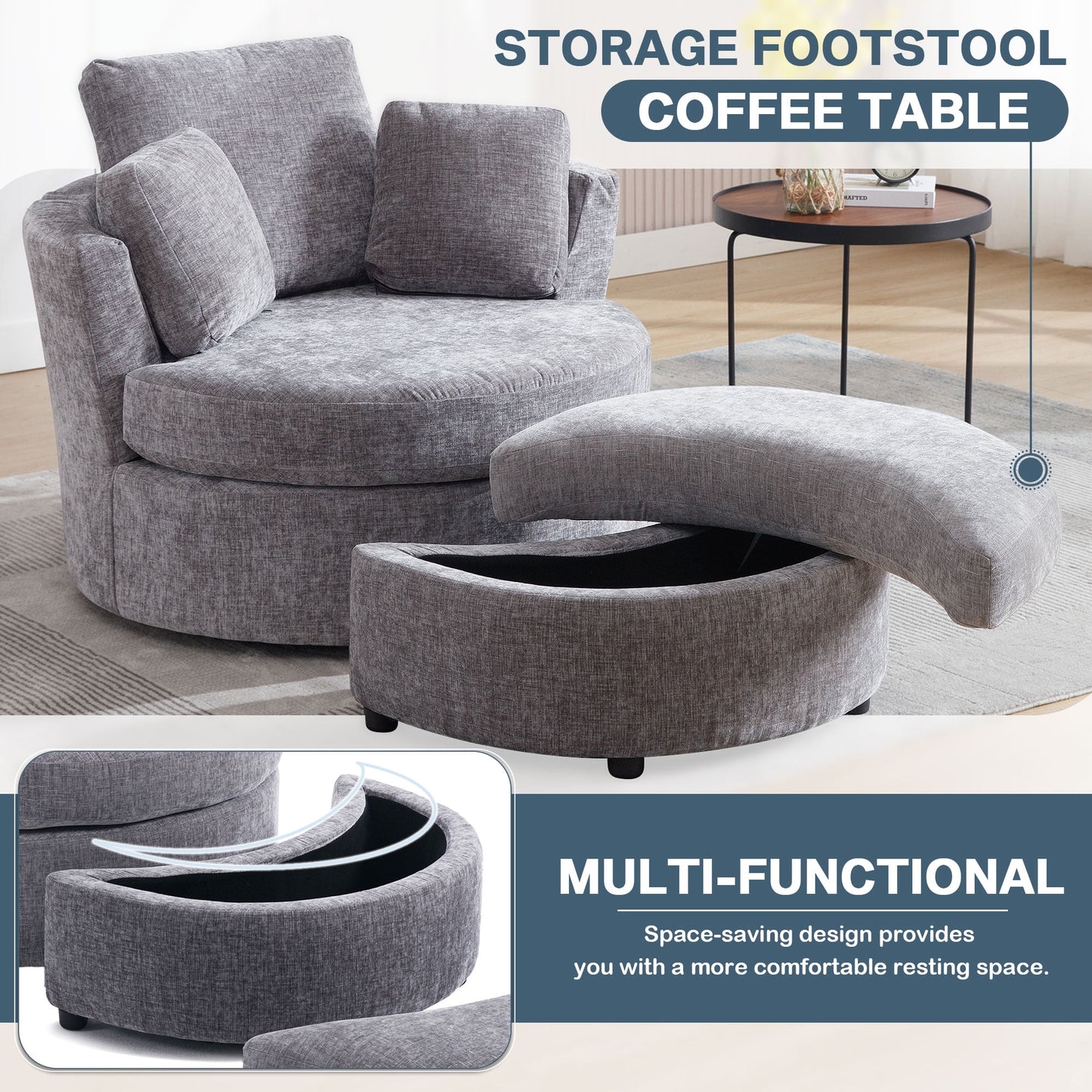 Muumblus Chenille Swivel Barrel Accent Chair with Storage Ottoman, Oversized Comfy Armchair for Living Room Bedroom