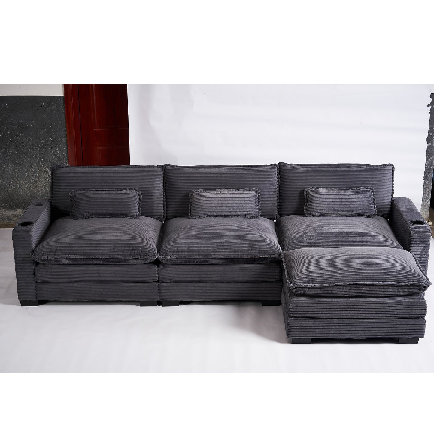 Muumblus 117.7" Corduroy Sectional Sofa with Reversible Ottoman, L-Shaped Couch with Chaise, 3-Seater Sleeper Couch for Living Room, Gray