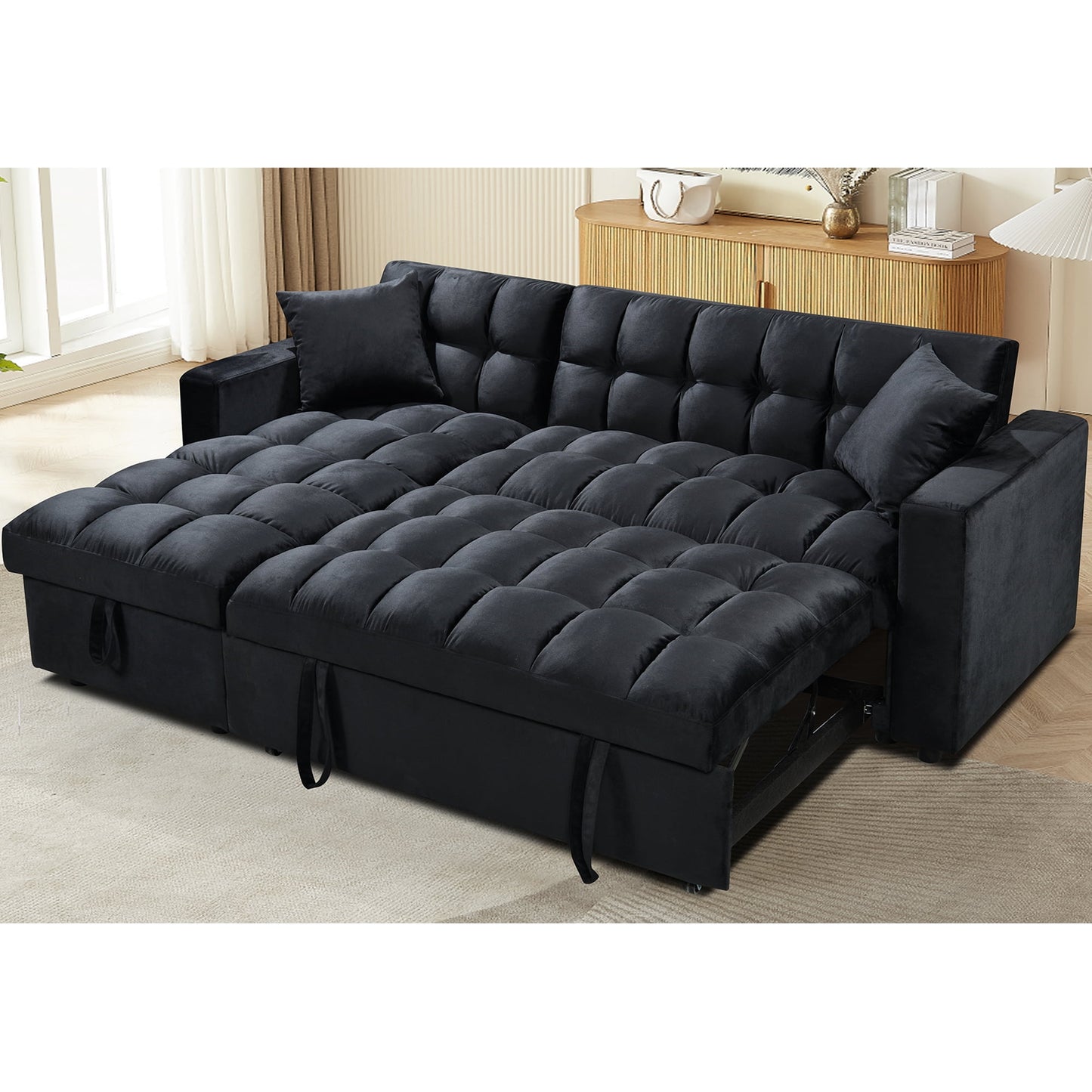 Muumblus 84" Convertible Sofa Bed, Pull Out Sofa Bed, Modern Tufted Sectional Sleeper Sofa with Storage Chaise, L Shaped Sofa Couch for Living Room, Black Velvet