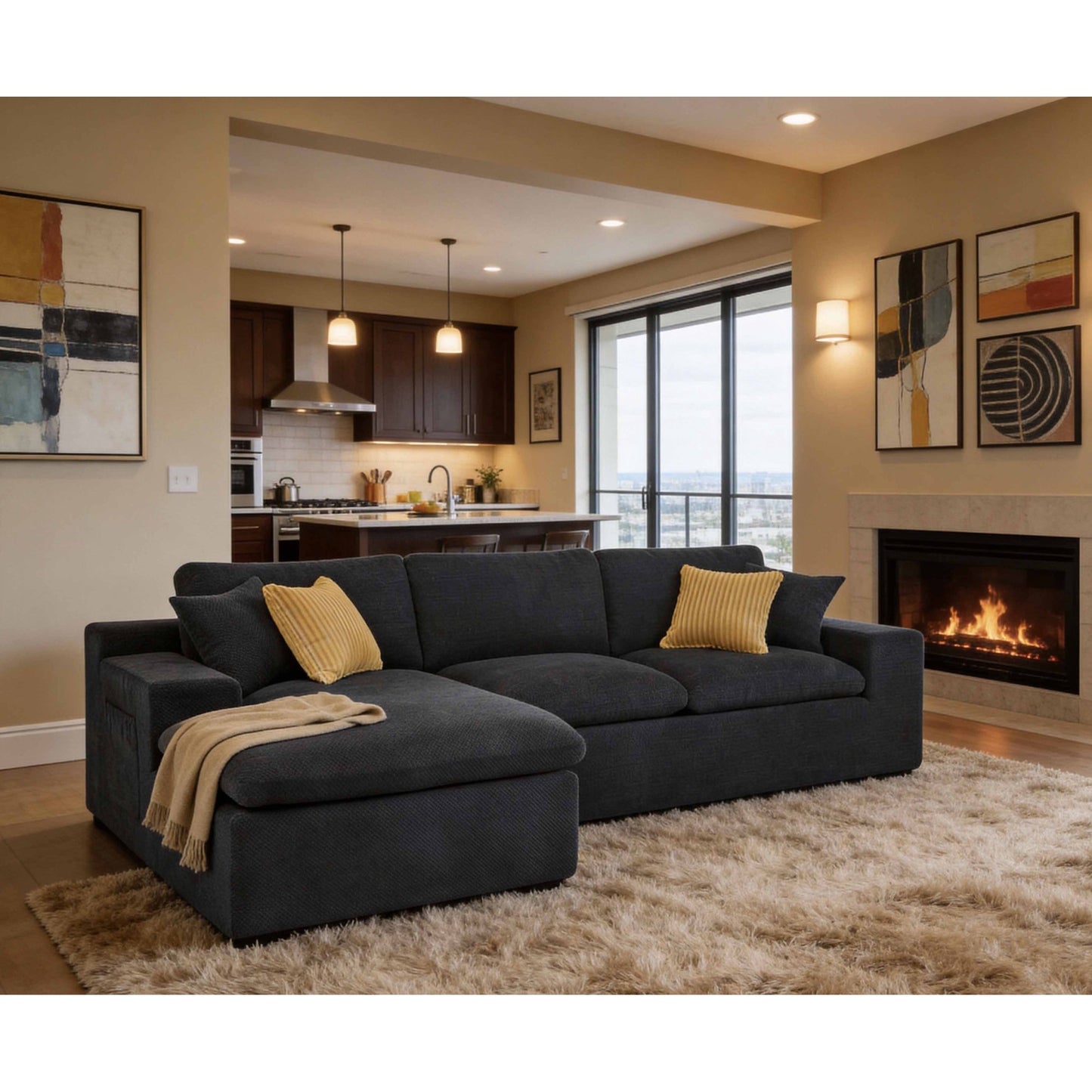 Muumblus 106" Oversized Modular Sectional Sofa with Movable Chaise, L-Shaped Boneless Cloud Couch for Living Room, Black (Left Facing Chaise)