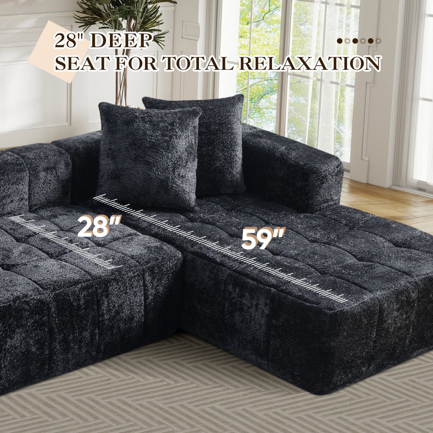 No Assembly Required, Muumblus 108" Oversized Modular Sectional Sofa, L-Shaped Boneless Cloud Couch, Modern Chenille Living Room Floor Sofa, Black (Right Facing Chaise)