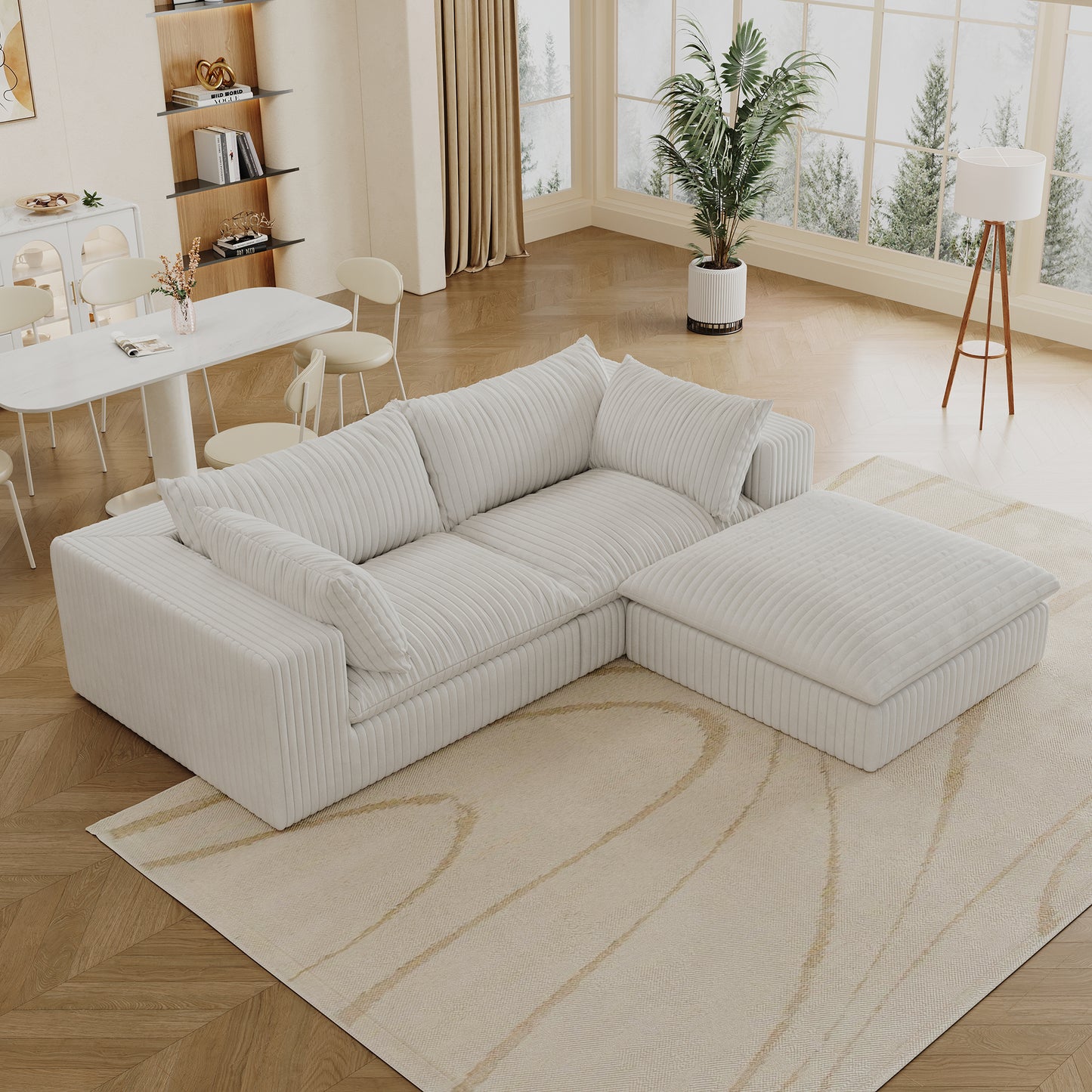 Muumblus Modular Sectional Sofa with Movable Ottoman, L-Shaped Deep Seat Corduroy Cloud Couch, No Assembly Boneless Couches for Living Room, White