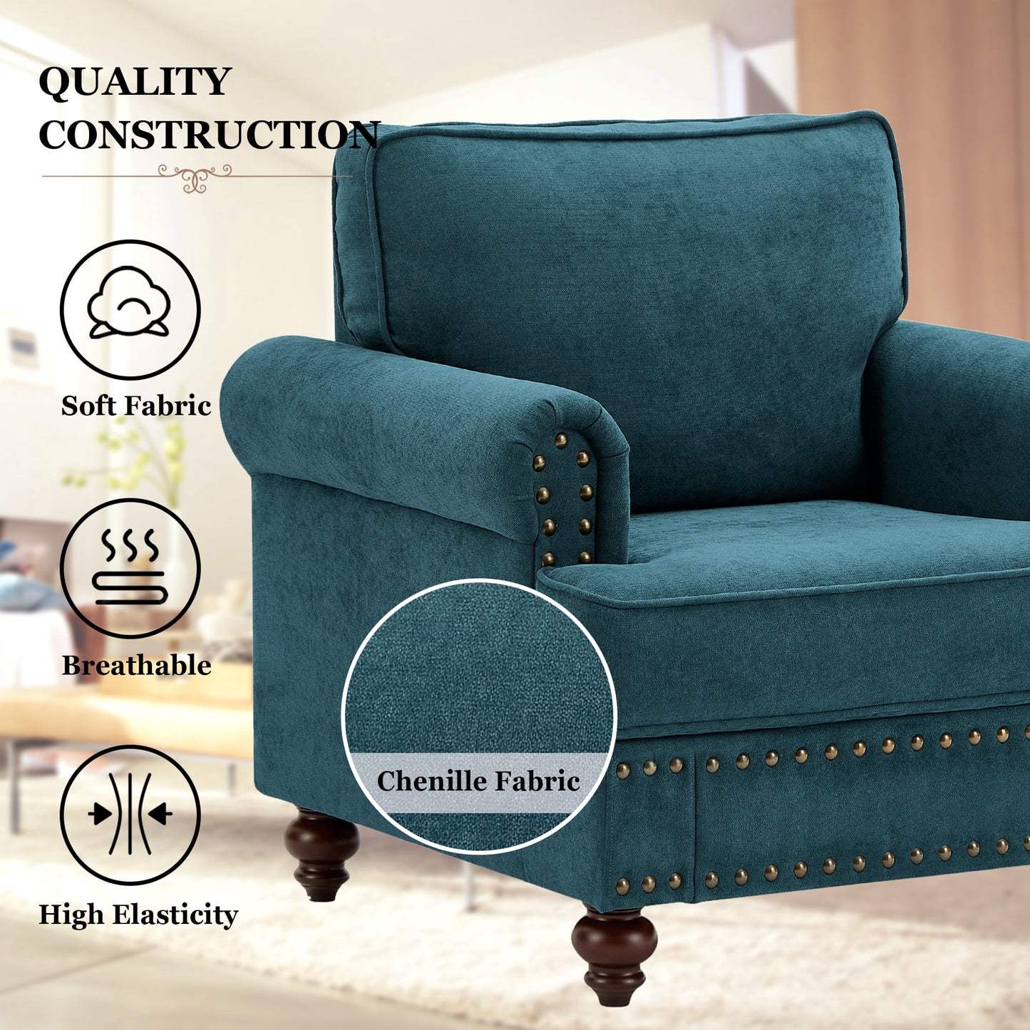 Muumblus 38" W Mid-Century Single Sofa Accent Chair with Nailhead, Chenille Comfy Upholstered Club Armchair for Living Room, Lake Green