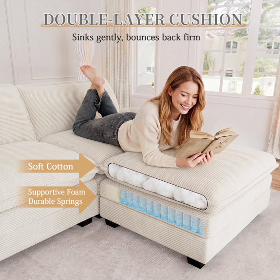 Muumblus Modular Sectional Cloud Sofa with 2 Ottoman, Oversized U-Shaped 3-seater Corduroy Couch for Living Room, Beige