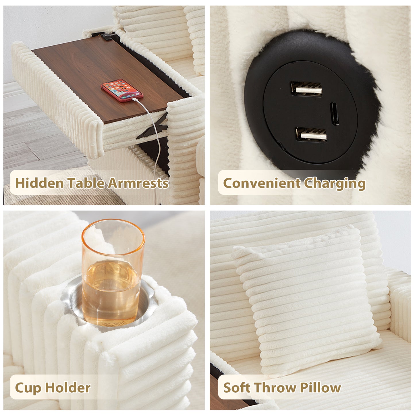 Muumblus Accent Chair with Storage Ottoman & Side Table, Cozy Lounge Chair with USB, Modern Single Sofa Armchair for Living Room, White Corduroy