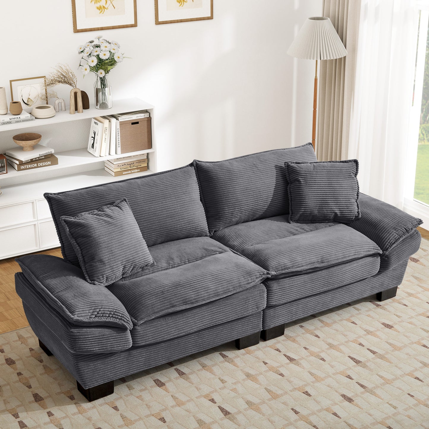Muumblus 80"L Corduroy Deep Seat Sofa, Upholstered 3-Seater Sleeper Couch for Living Room, Black