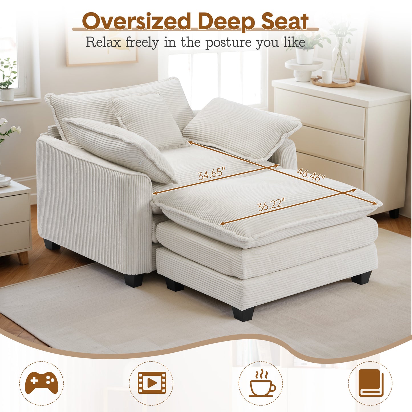 Muumblus 46" Indoor Lounge Chair with Ottoman, Corduroy Cozy Accent Armchair for Living Room, Beige