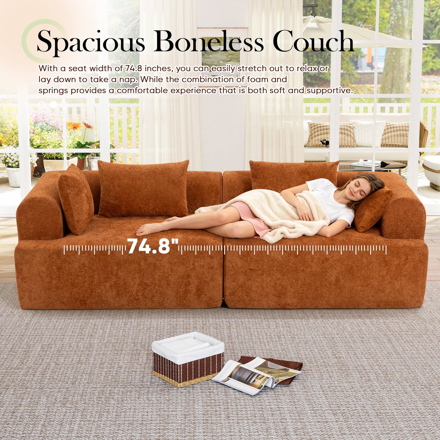 Muumblus Boneless Modular Sectional Sofa, 96" Oversized Deep Seat Loveseat Sofa, Cozy Cloud Living Room Couch, Orange Teddy