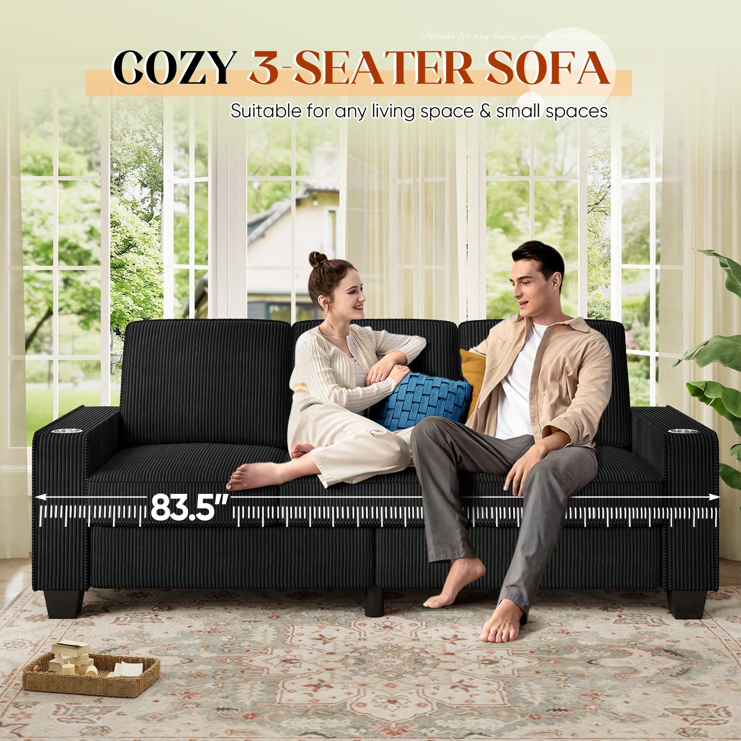 Muumblus 83.5" Living Room Sofa with Cup Holders, Cozy Plush Upholstered Couch, Corduroy Sofa 3-Seater, Black