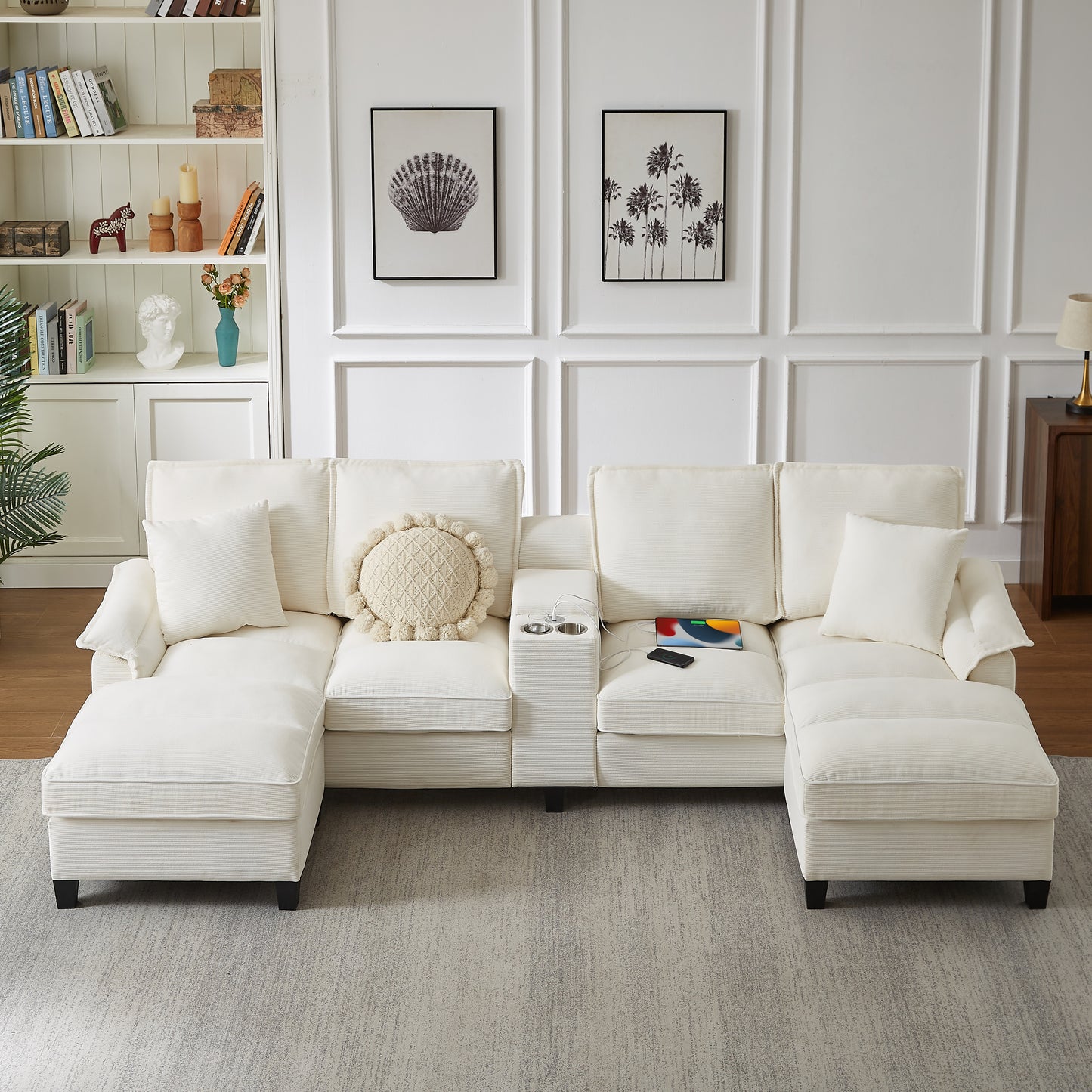 Muumblus 120" U-Shaped Sectional Sofa with USB & Storage, Living Room 4-Seater Couch with Double Chaise Lounge, Cup Holders, Beige Corduroy