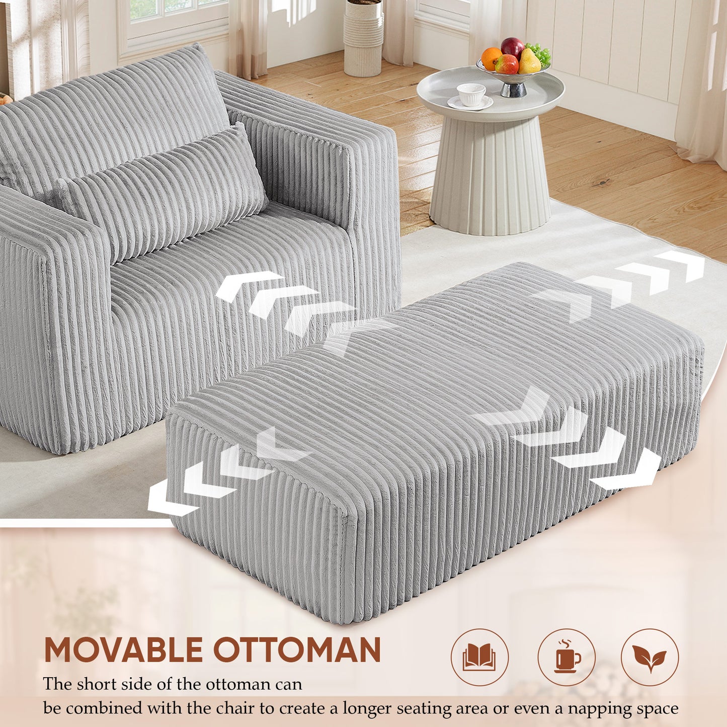 Muumblus Accent Chair with Movable Ottoman, Oversized Indoor Chaise Lounge Chair, No Assembly, Boneless Corduroy Cloud Sofa for Living Room, Gray