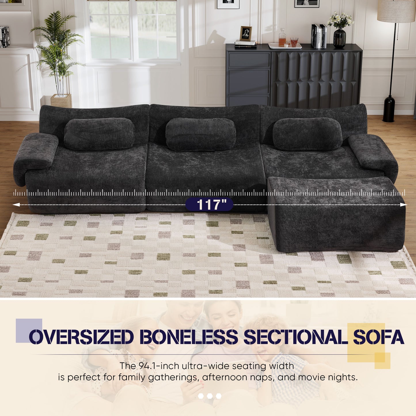Muumblus Modular Sectional Sofa with Movable Ottoman, Oversized L-Shaped Cloud Sofa with Chaise, Boneless Deep Seat Living Room Couch, Black Chenille