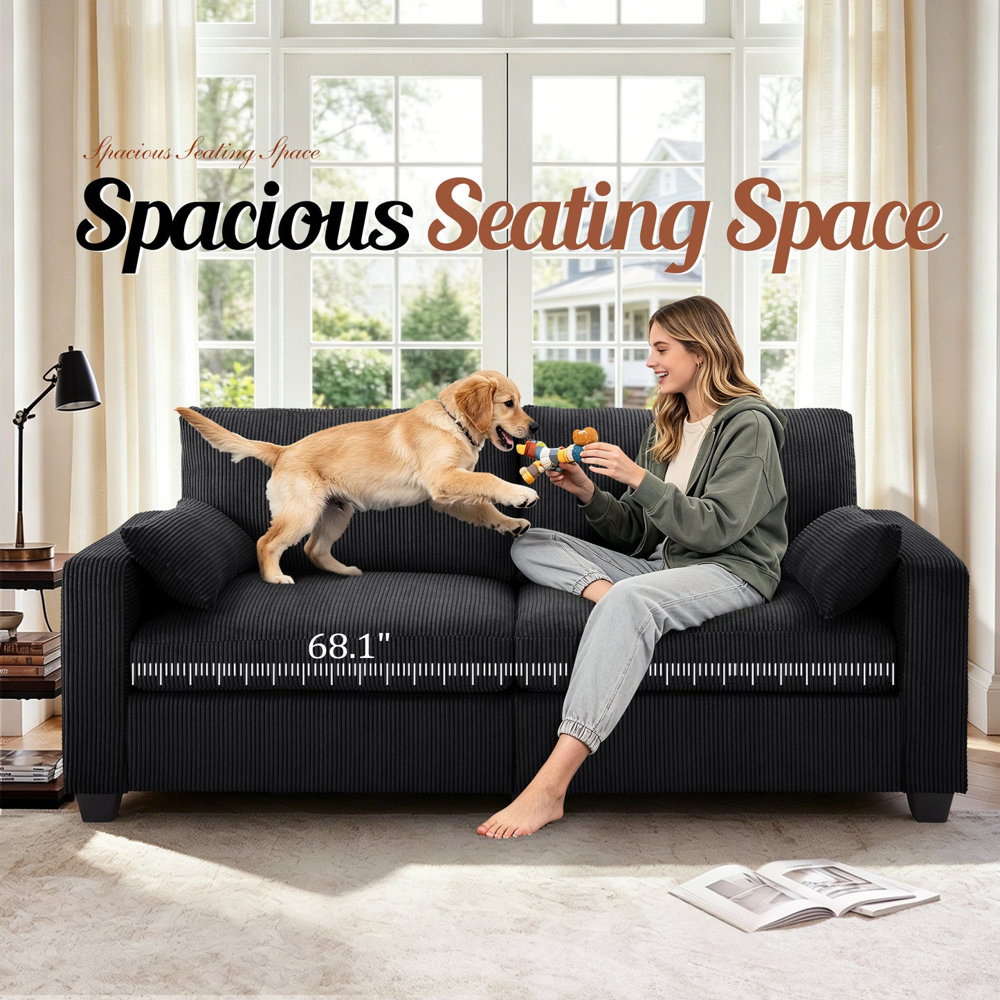 Muumblus 79" Living Room Sofa, Cozy Oversized Loveseat Sofa, Removable Covers, Black Corduroy