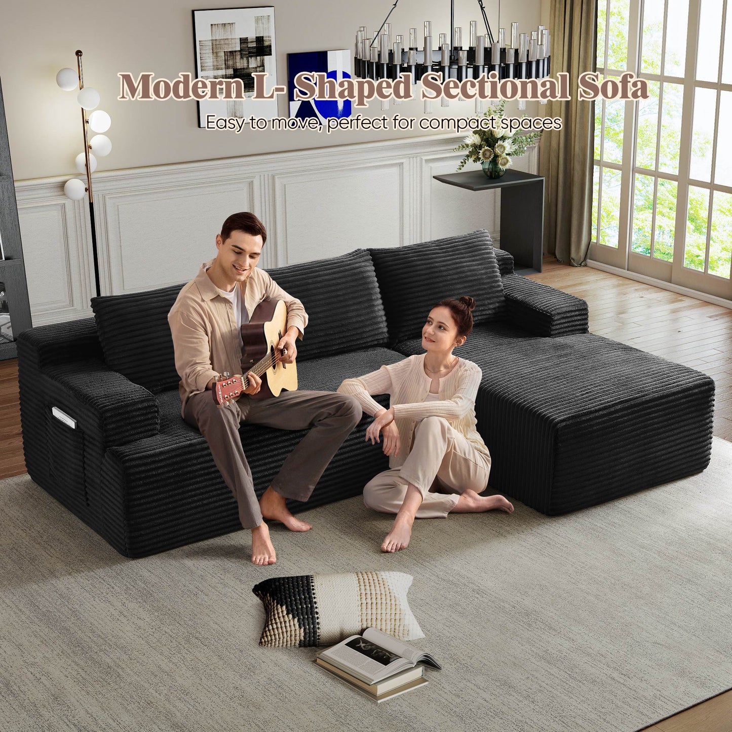 Muumblus L-Shaped Modular Sectional Sofa with Chaise, Boneless Deep Seat Cloud Couch, No Assembly Corduroy Sleeper Sofa for Living Room, Black（Right Facing Chaise）