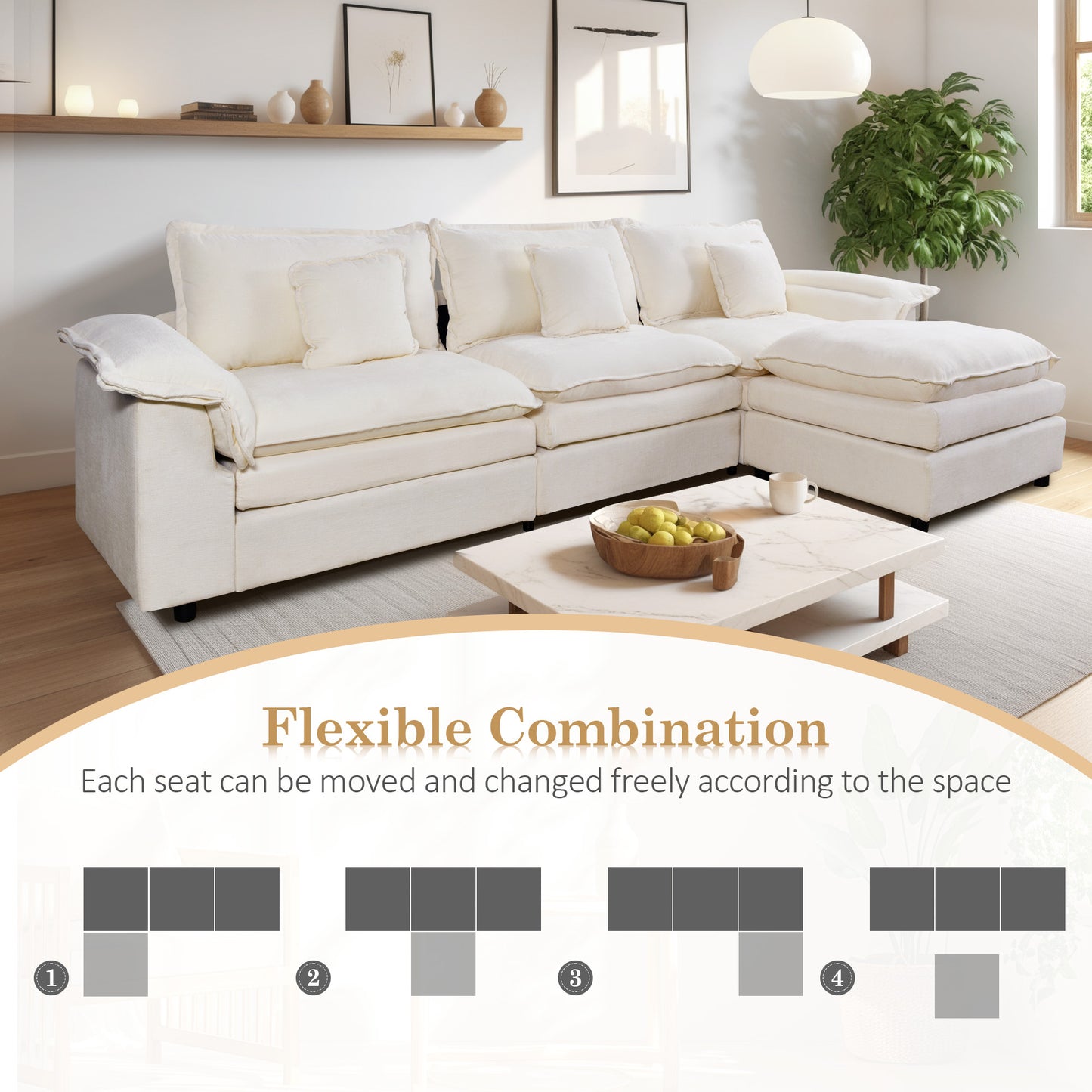 Muumblus Modular Sectional Sofa with Ottoman, Teddy Indoor Sleeper Furniture Set with Oversized Seats
