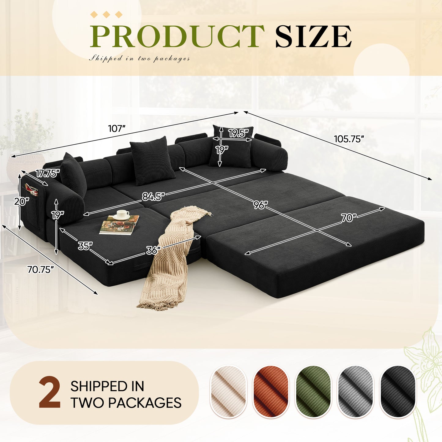 Muumblus L-Shape Convertible Floor Sofa Bed, Comfy Foldable Modular Sleeper Sectional Couch for Living Room, Bedroom