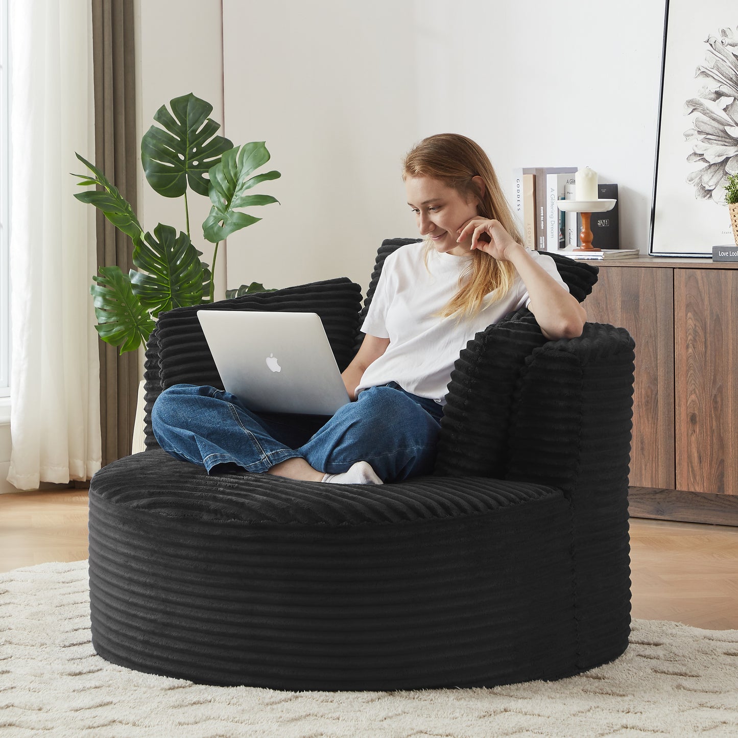 Muumblus 48.8" Oversized Accent Barrel Chair, Fluffy Round Lazy Sofa Chair for Adults, No Assembly Required, Black Corduroy