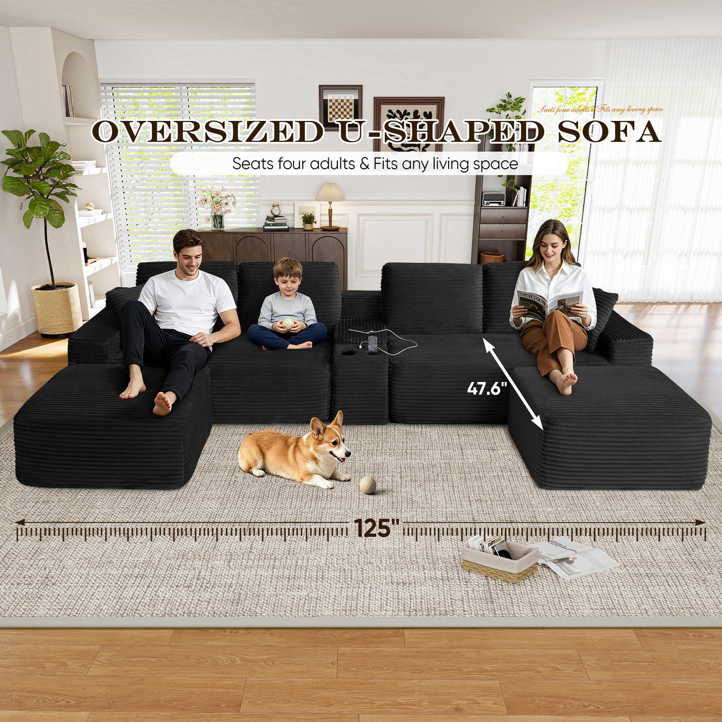 Muumblus 125" Cloud Sectional Sofa with Storage Console, U-Shaped Modular Couch with 2 Ottomans, USB, Cup Holders, Oversized Corduroy Living Room Sofa, Black