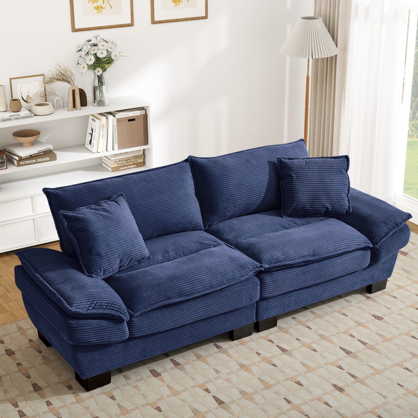 Muumblus 80"L Corduroy Deep Seat Sofa, Upholstered 3-Seater Sleeper Couch for Living Room, Black