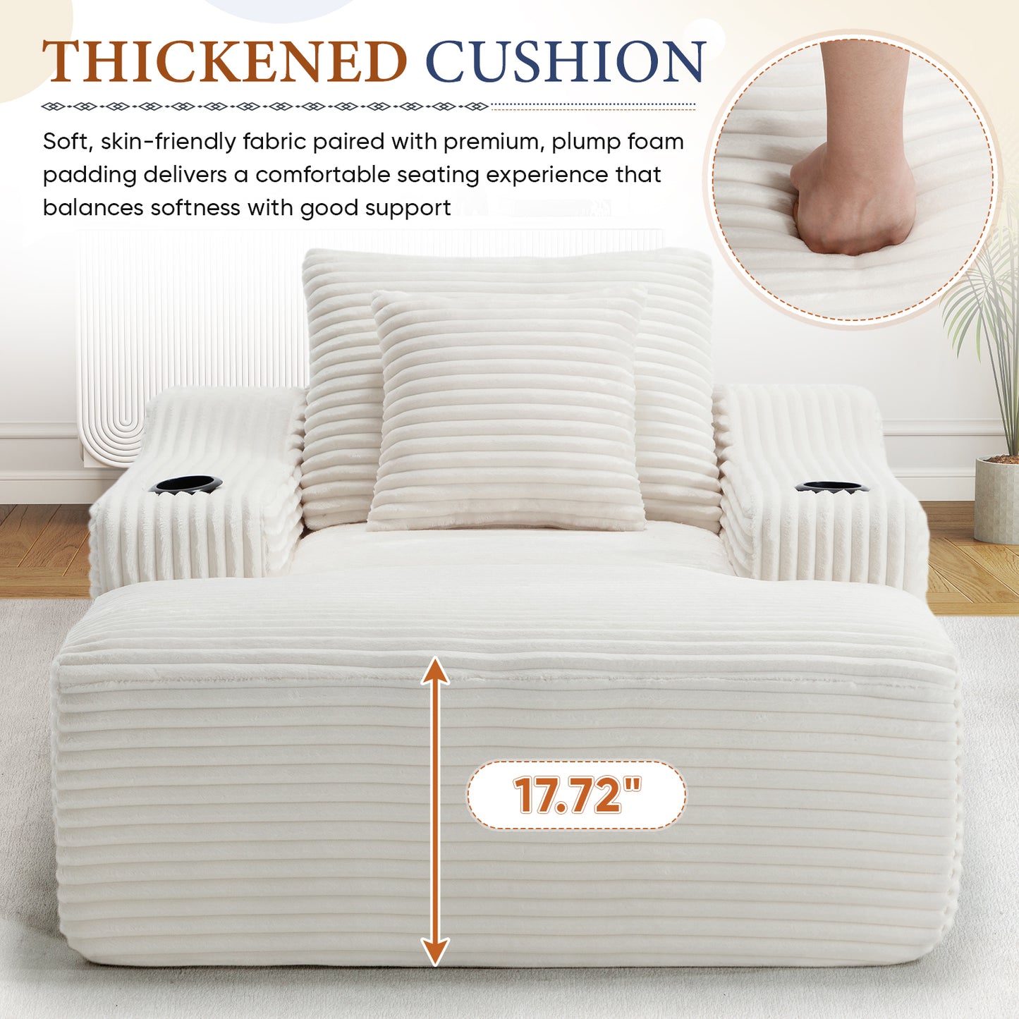 Muumblus Indoor Chaise Lounge Chair with Cup Holders, No Assembly Required, 67"D Oversized Deep Seat Cloud Couch, Corduroy Boneless Sleeper Sofa Bed for Livng Room, White
