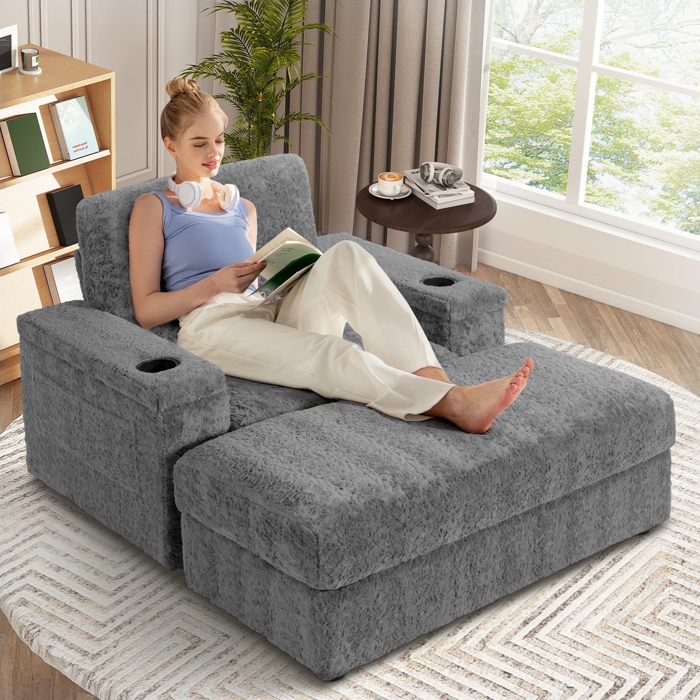 Muumblus 42" Chaise Lounge Indoor, Accent Armchair with Storage Ottoman & Armrests, Oversized Lounge Chair Sleeper Chair for Living Room, Gray Faux Rabbit Fur