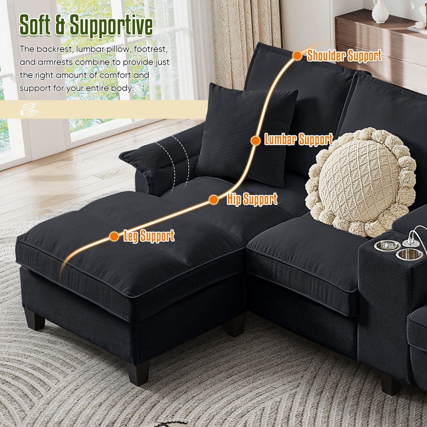 Muumblus 120" U-Shaped Sectional Sofa with USB & Storage, Living Room 4-Seater Couch with Double Chaise Lounge, Cup Holders, Beige Corduroy